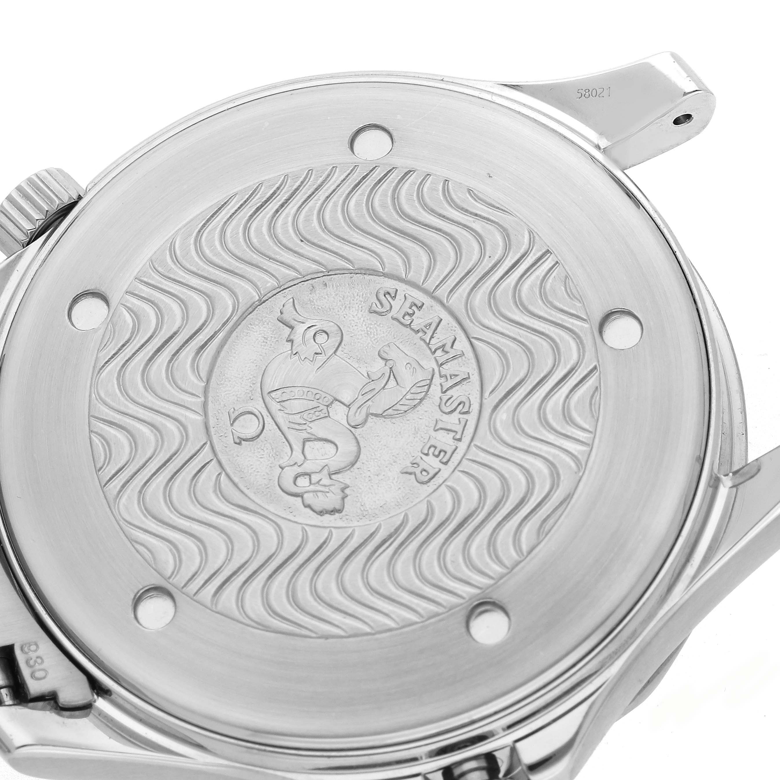 The image shows the engraved case back of the Omega Seamaster 2264.50.00 Men
s Stainless Steel Black Dial 2264.50.00 Men
s Stainless Steel Black Dial watch, featuring the logo and wave-pattern details.