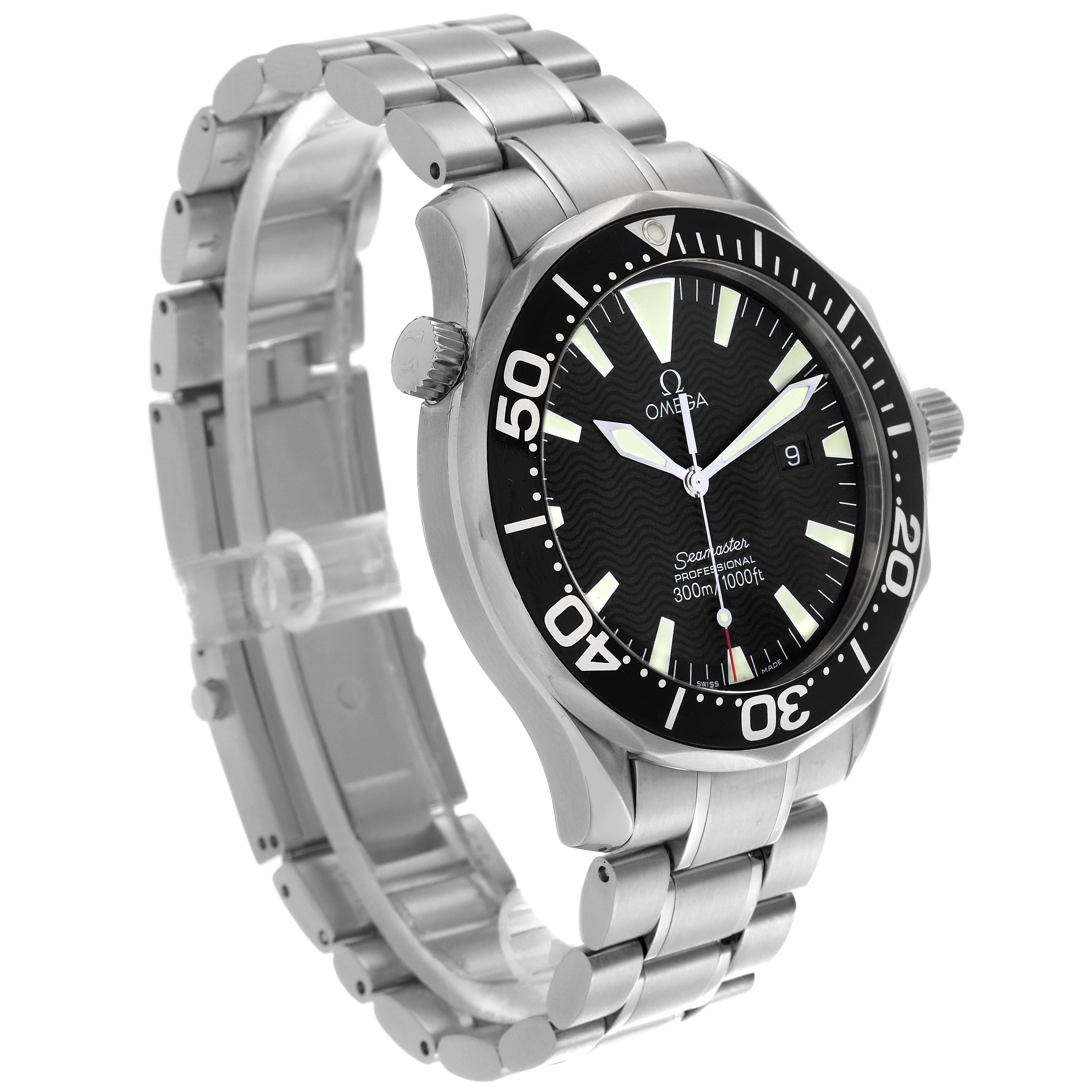 The Omega Seamaster 2264.50.00 Men
s Stainless Steel Black Dial 2264.50.00 Men
s Stainless Steel Black Dial watch is shown at a three-quarter angle, highlighting the dial, bezel, crown, and metal bracelet.