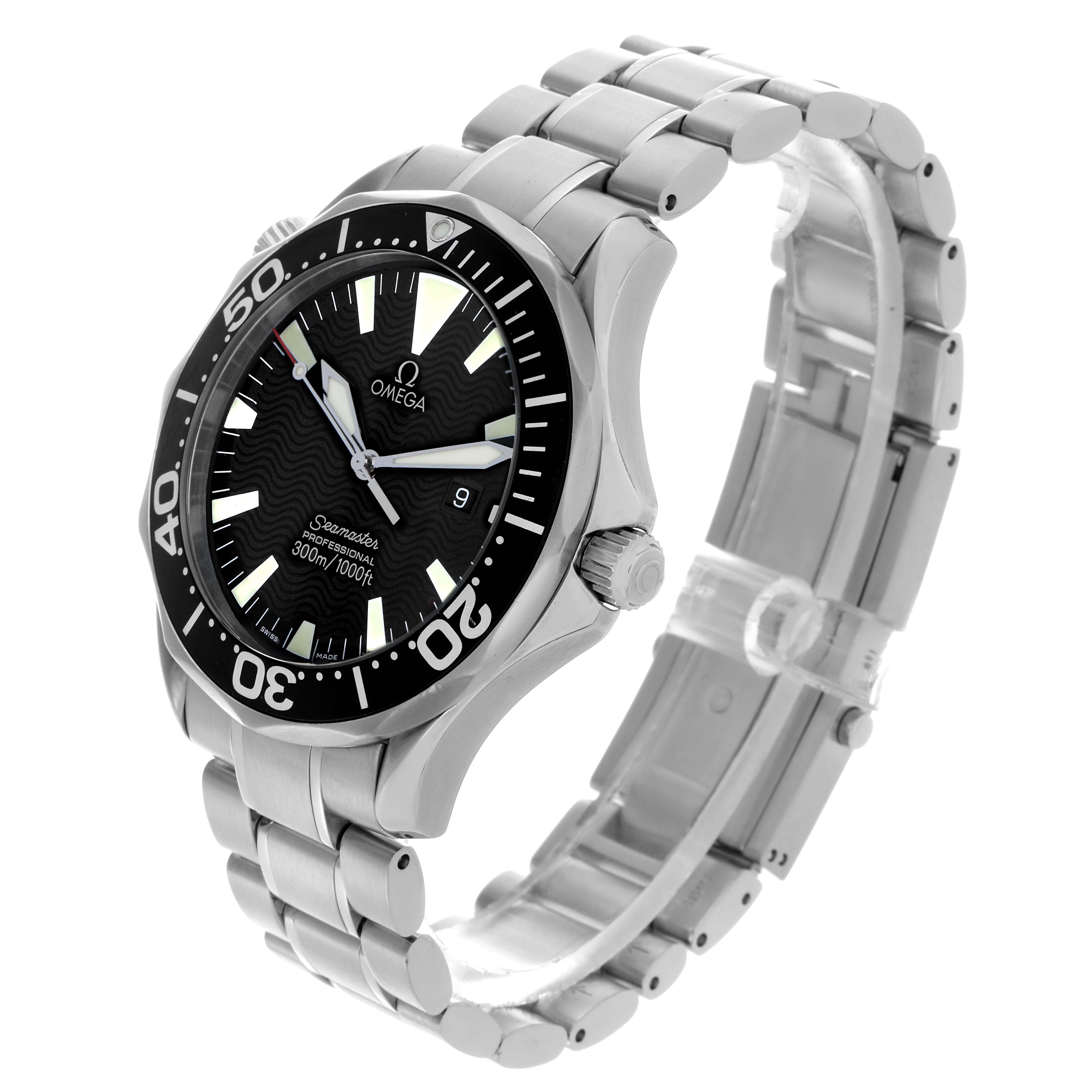 The Omega Seamaster 2264.50.00 Men
s Stainless Steel Black Dial 2264.50.00 Men
s Stainless Steel Black Dial watch is shown at a three-quarter angle, highlighting the dial, bracelet, and bezel.