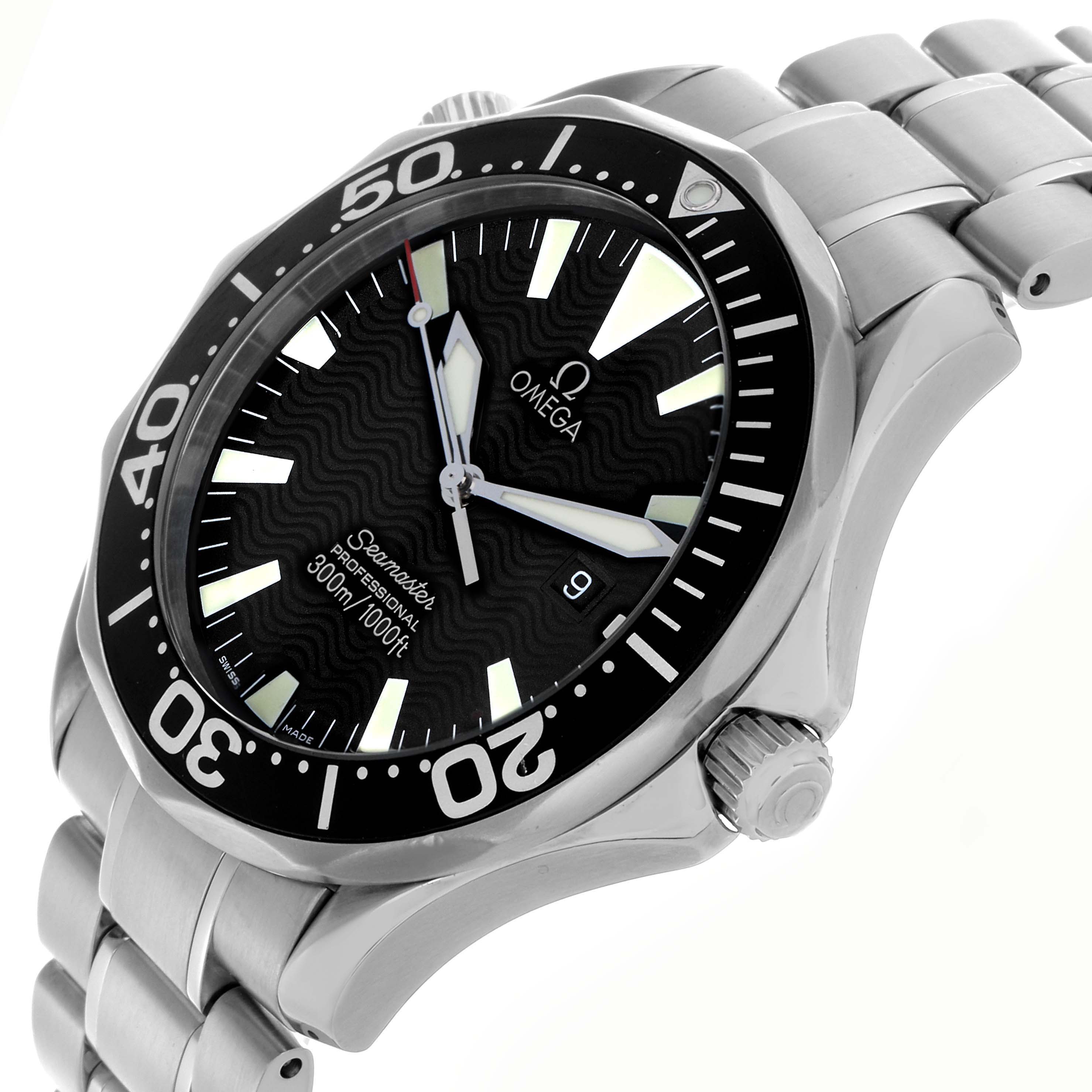 The Omega Seamaster 2264.50.00 Men
s Stainless Steel Black Dial 2264.50.00 Men
s Stainless Steel Black Dial watch is shown at a side angle, highlighting the bezel, dial, crown, and stainless steel bracelet.