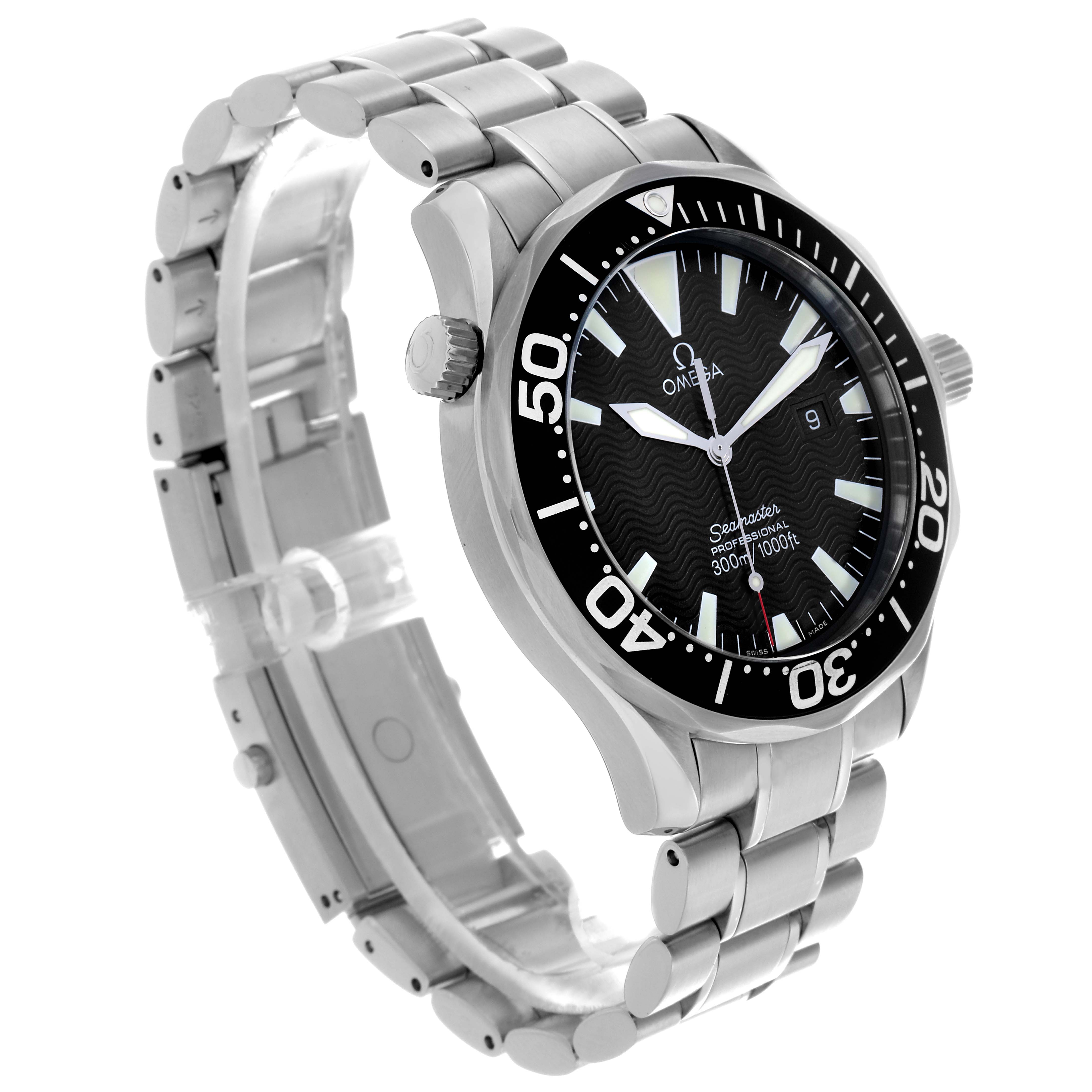 The Omega Seamaster 2264.50.00 Men
s Stainless Steel Black Dial 2264.50.00 Men
s Stainless Steel Black Dial watch is shown at a three-quarter angle, displaying its face, bezel, and bracelet.