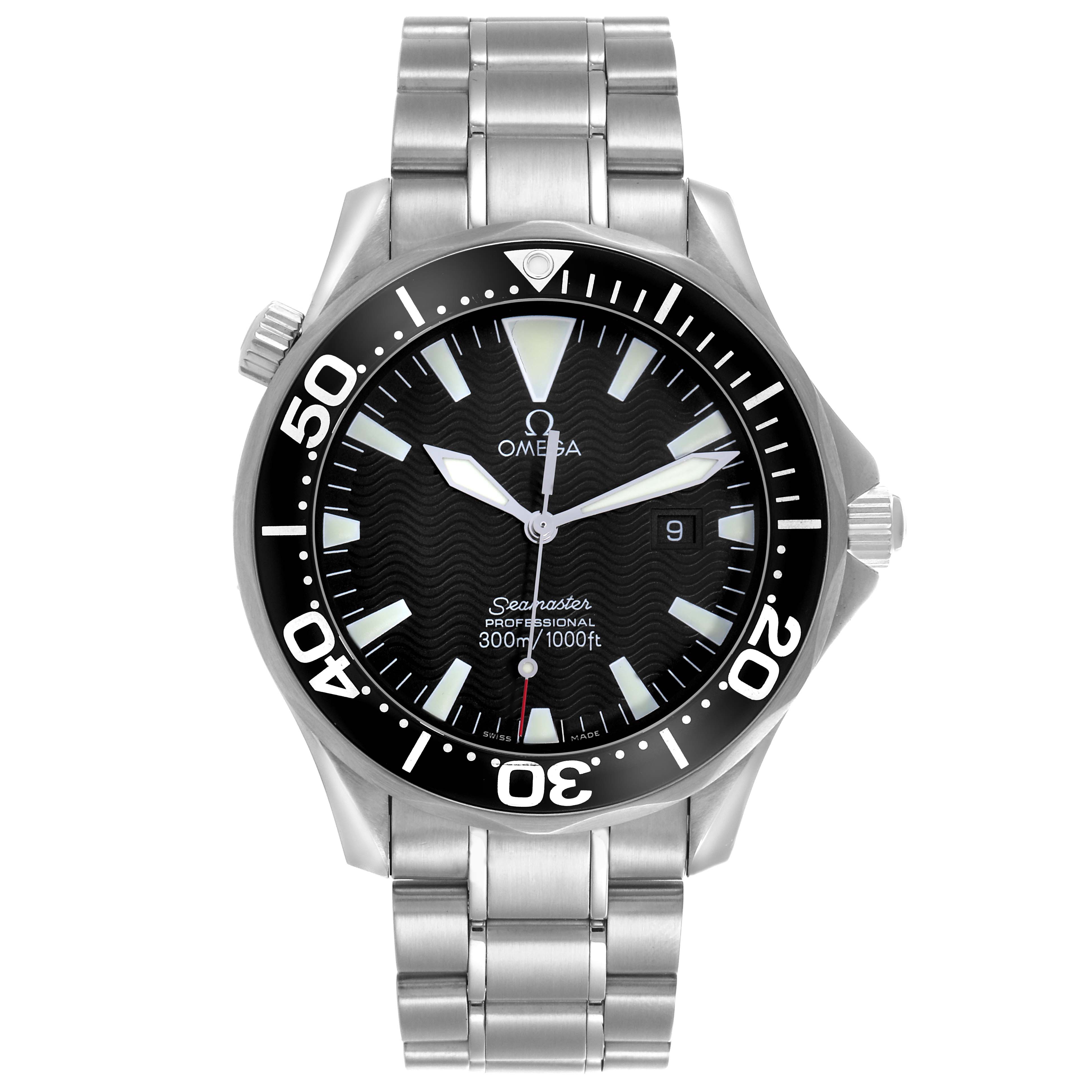 The Omega Seamaster 2264.50.00 Men
s Stainless Steel Black Dial 2264.50.00 Men
s Stainless Steel Black Dial watch is shown from a top-down angle, highlighting the face, bezel, and metal bracelet.