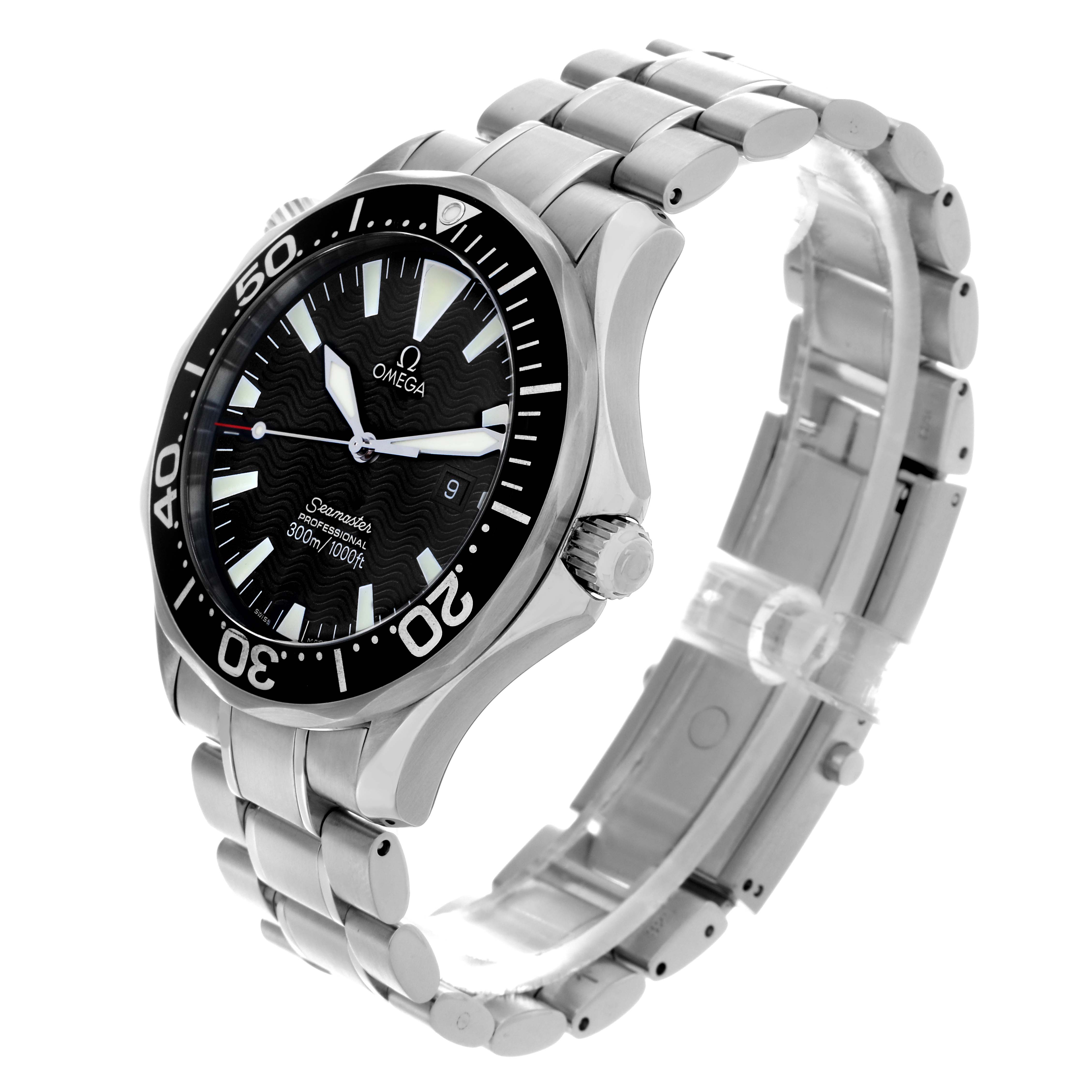 The Omega Seamaster 2264.50.00 Men
s Stainless Steel Black Dial 2264.50.00 Men
s Stainless Steel Black Dial watch is shown at a three-quarter angle, highlighting the face, bezel, crown, and bracelet.