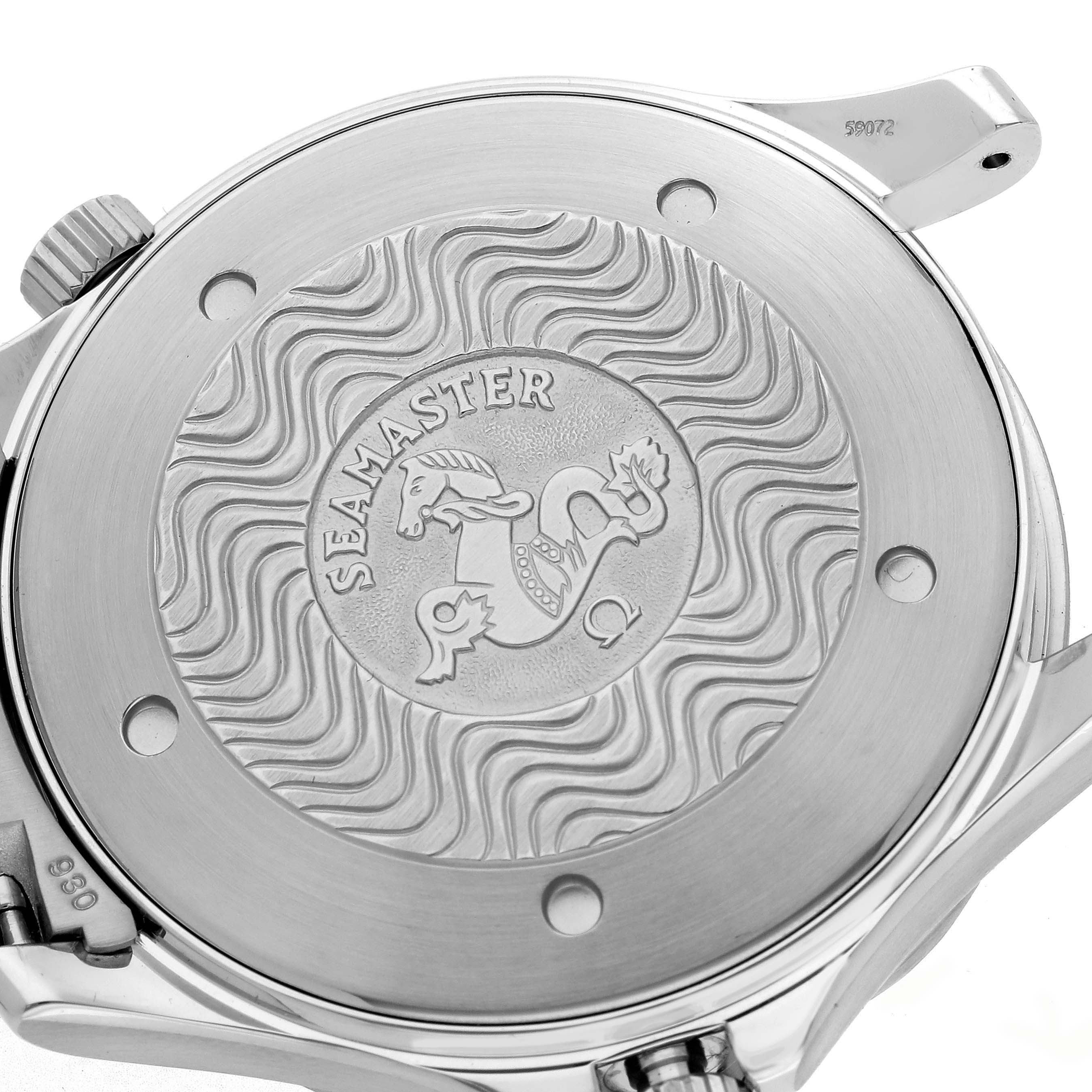 The image shows the case back of an Omega Seamaster 2264.50.00 Men
s Stainless Steel Black Dial 2264.50.00 Men
s Stainless Steel Black Dial watch, featuring its engraved logo and wavy pattern.