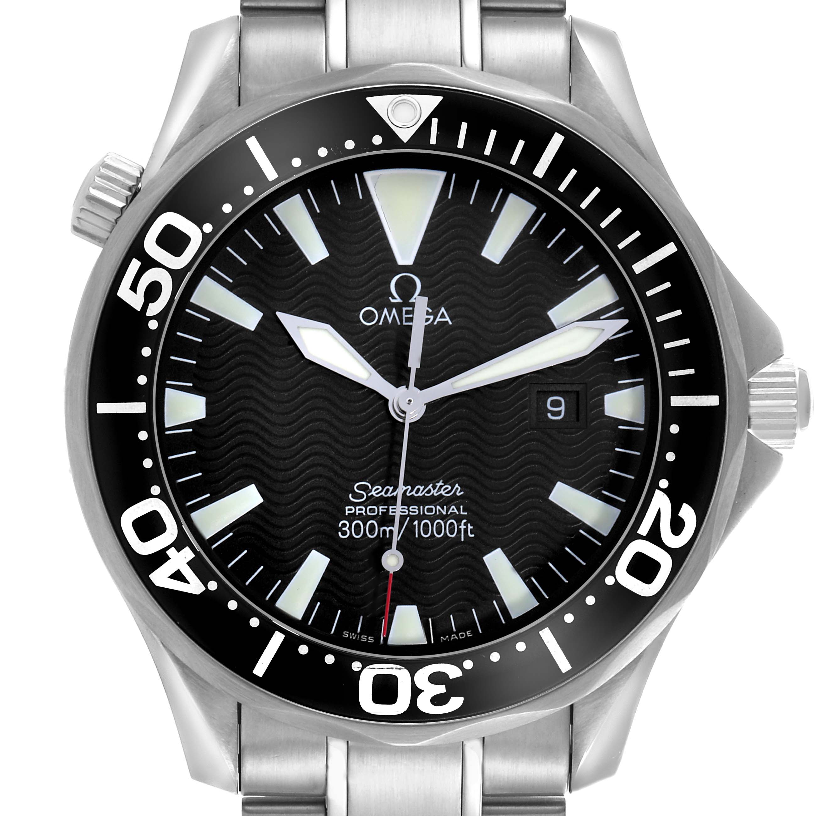 The Omega Seamaster 2264.50.00 Men
s Stainless Steel Black Dial 2264.50.00 Men
s Stainless Steel Black Dial watch is shown front-on, highlighting the dial, bezel, bracelet, and crown.