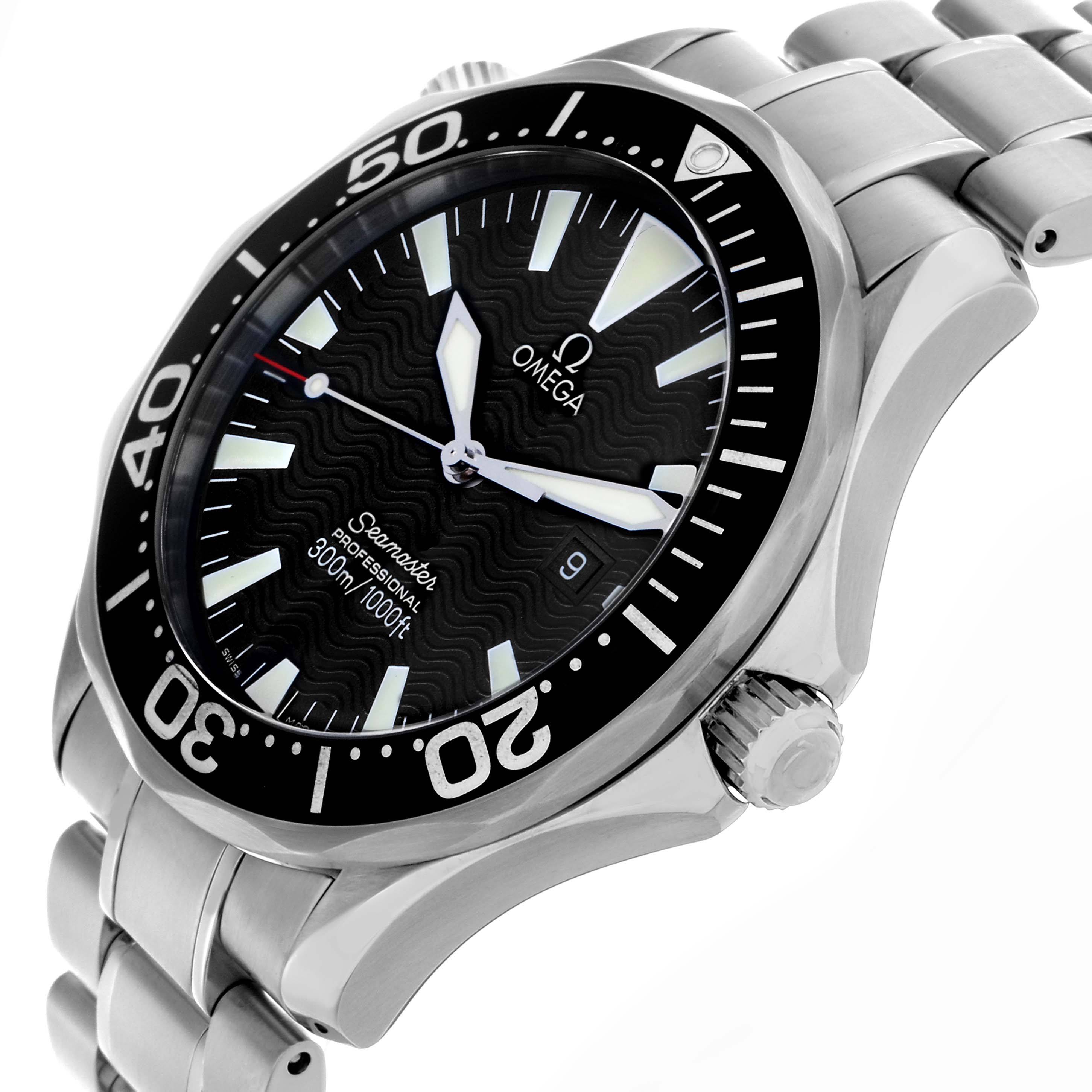The Omega Seamaster 2264.50.00 Men
s Stainless Steel Black Dial 2264.50.00 Men
s Stainless Steel Black Dial watch is shown at a tilted angle displaying the dial, bezel, case, crown, and part of the bracelet.