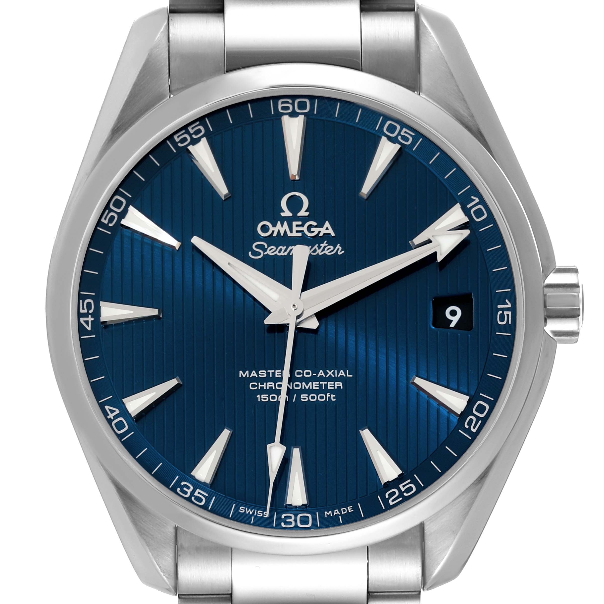 The image shows a frontal view of the Omega Seamaster 231.10.42.21.03.003 Men's Stainless Steel Blue Dial 231.10.42.21.03.003 Men's Stainless Steel Blue Dial watch, highlighting its blue dial, hour markers, hands, and date window at 3 o'clock.