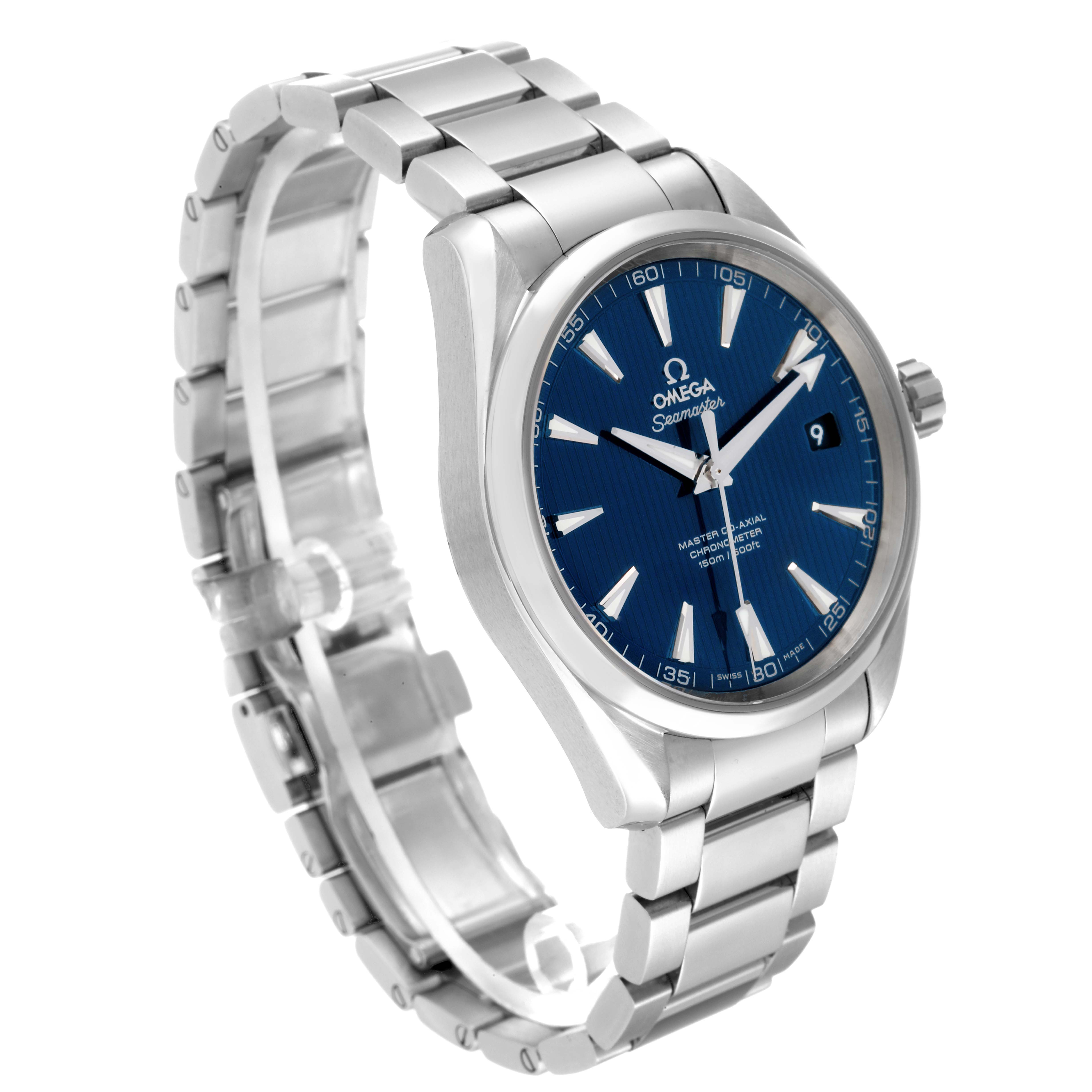 The Omega Seamaster 231.10.42.21.03.003 Men's Stainless Steel Blue Dial 231.10.42.21.03.003 Men's Stainless Steel Blue Dial watch is shown at a slight angle, featuring its blue dial, stainless steel bracelet, and side crown.