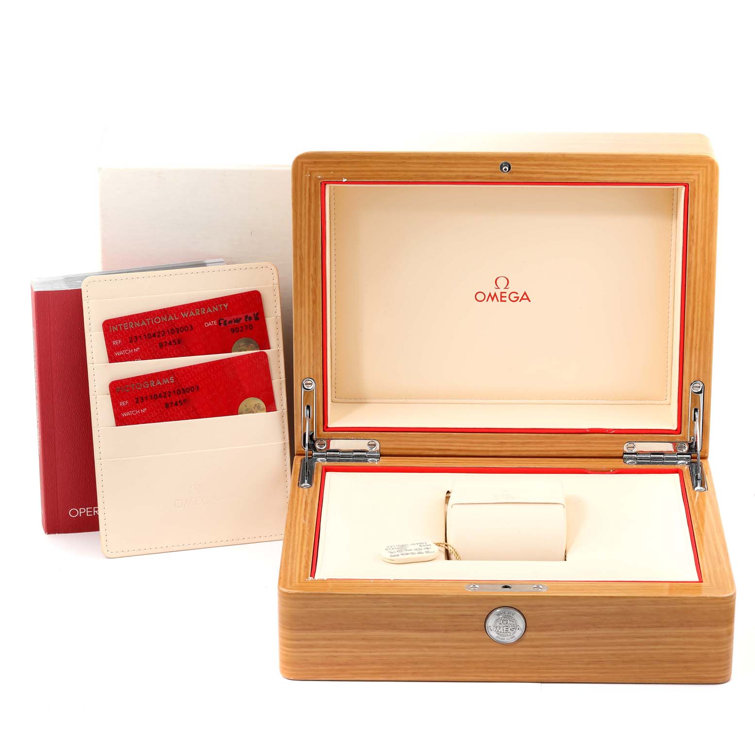 The image shows an open Omega Seamaster 231.10.42.21.03.003 Men's Stainless Steel Blue Dial 231.10.42.21.03.003 Men's Stainless Steel Blue Dial watch box along with warranty cards and an operating manual.