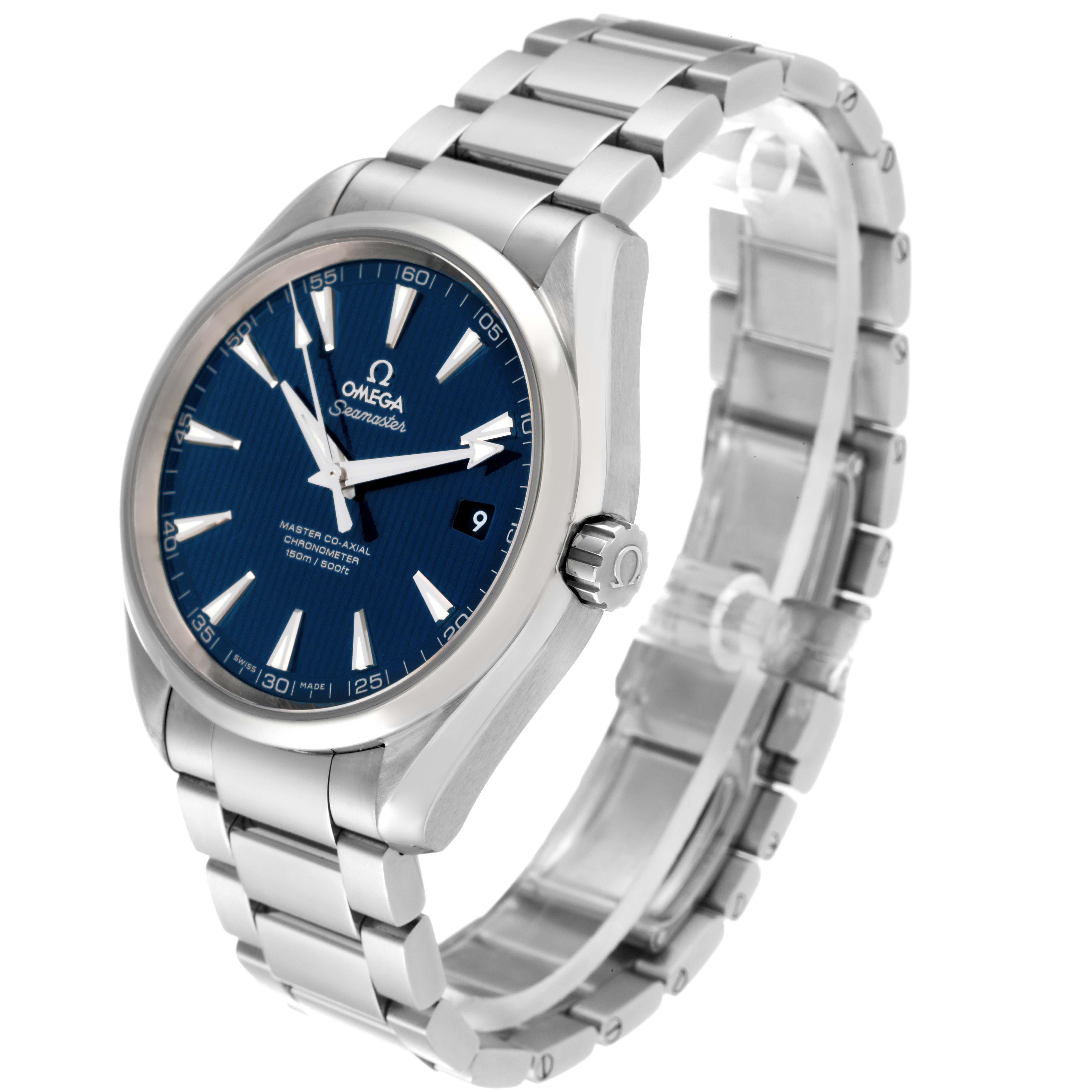 The image shows an Omega Seamaster 231.10.42.21.03.003 Men's Stainless Steel Blue Dial 231.10.42.21.03.003 Men's Stainless Steel Blue Dial watch at an angled view highlighting the blue face, stainless steel case, and bracelet.