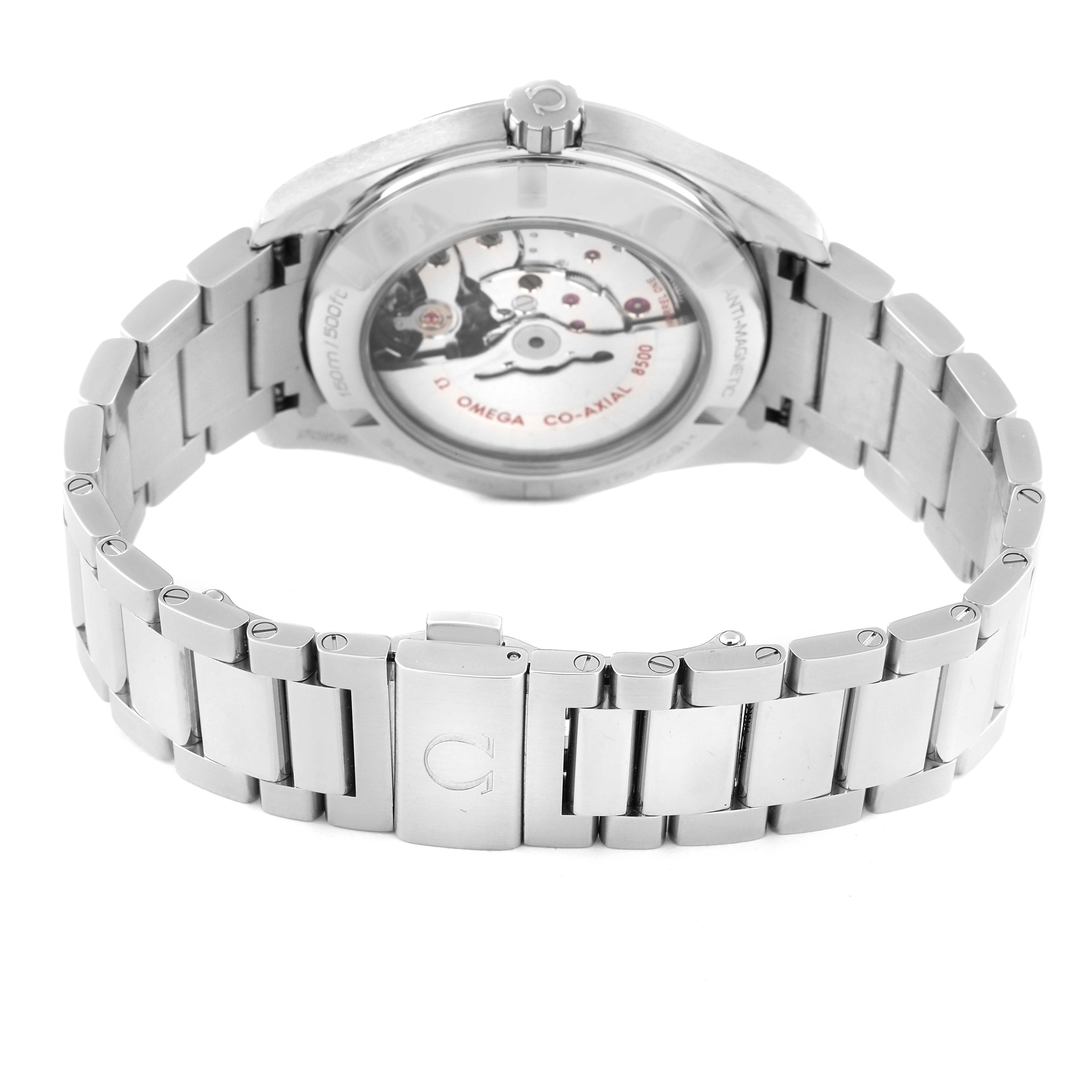 The image shows the backside and bracelet of an Omega Seamaster 231.10.42.21.03.003 Men's Stainless Steel Blue Dial 231.10.42.21.03.003 Men's Stainless Steel Blue Dial watch, highlighting its transparent case back and metal links.