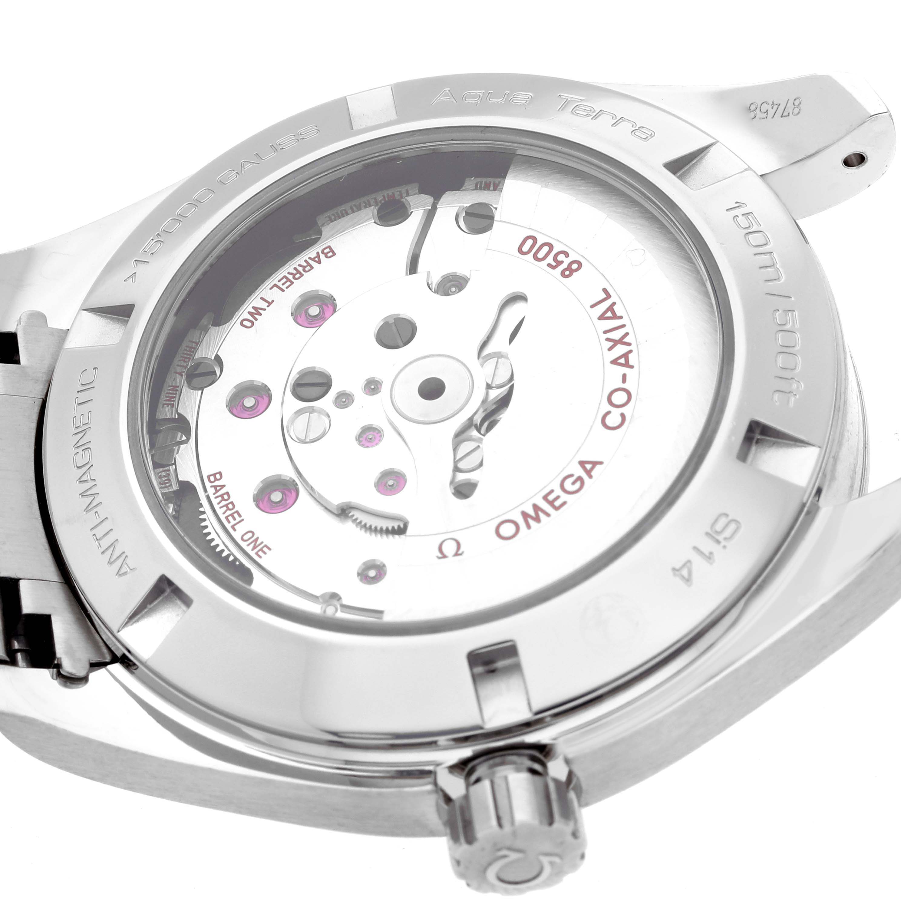 The image shows the back view of an Omega Seamaster 231.10.42.21.03.003 Men's Stainless Steel Blue Dial 231.10.42.21.03.003 Men's Stainless Steel Blue Dial watch, highlighting its internal mechanisms and transparent case back.