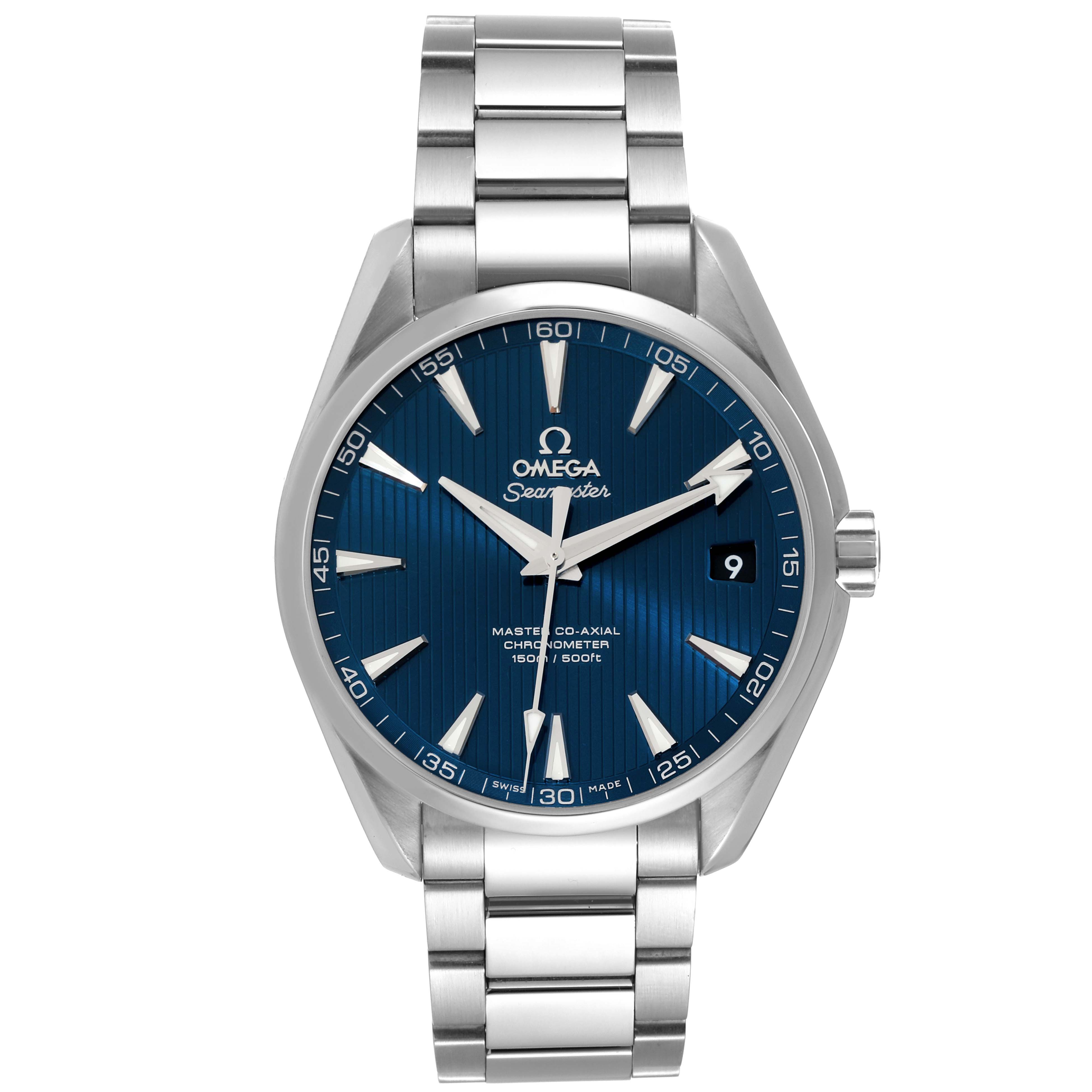This Omega Seamaster 231.10.42.21.03.003 Men's Stainless Steel Blue Dial 231.10.42.21.03.003 Men's Stainless Steel Blue Dial watch is shown from a front angle, highlighting its blue dial, silver bezel, and metal bracelet.