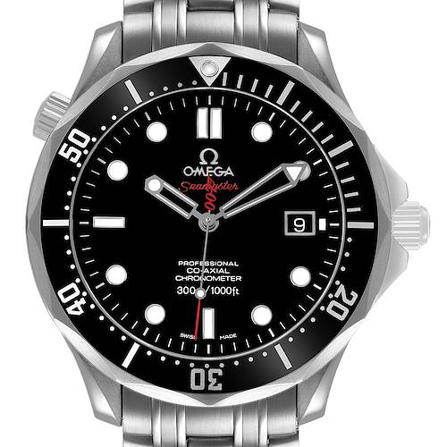 The Omega Seamaster 212.30.41.20.01.001 Men's Stainless Steel Black Dial watch is shown from the front, highlighting the dial, bezel, crown, and part of the bracelet.