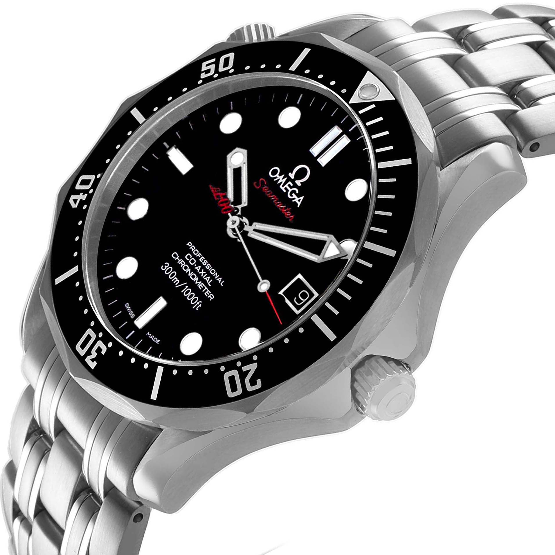 The image shows an angled view of the Omega Seamaster 212.30.41.20.01.001 Men's Stainless Steel Black Dial watch, highlighting its face, bezel, crown, and bracelet.