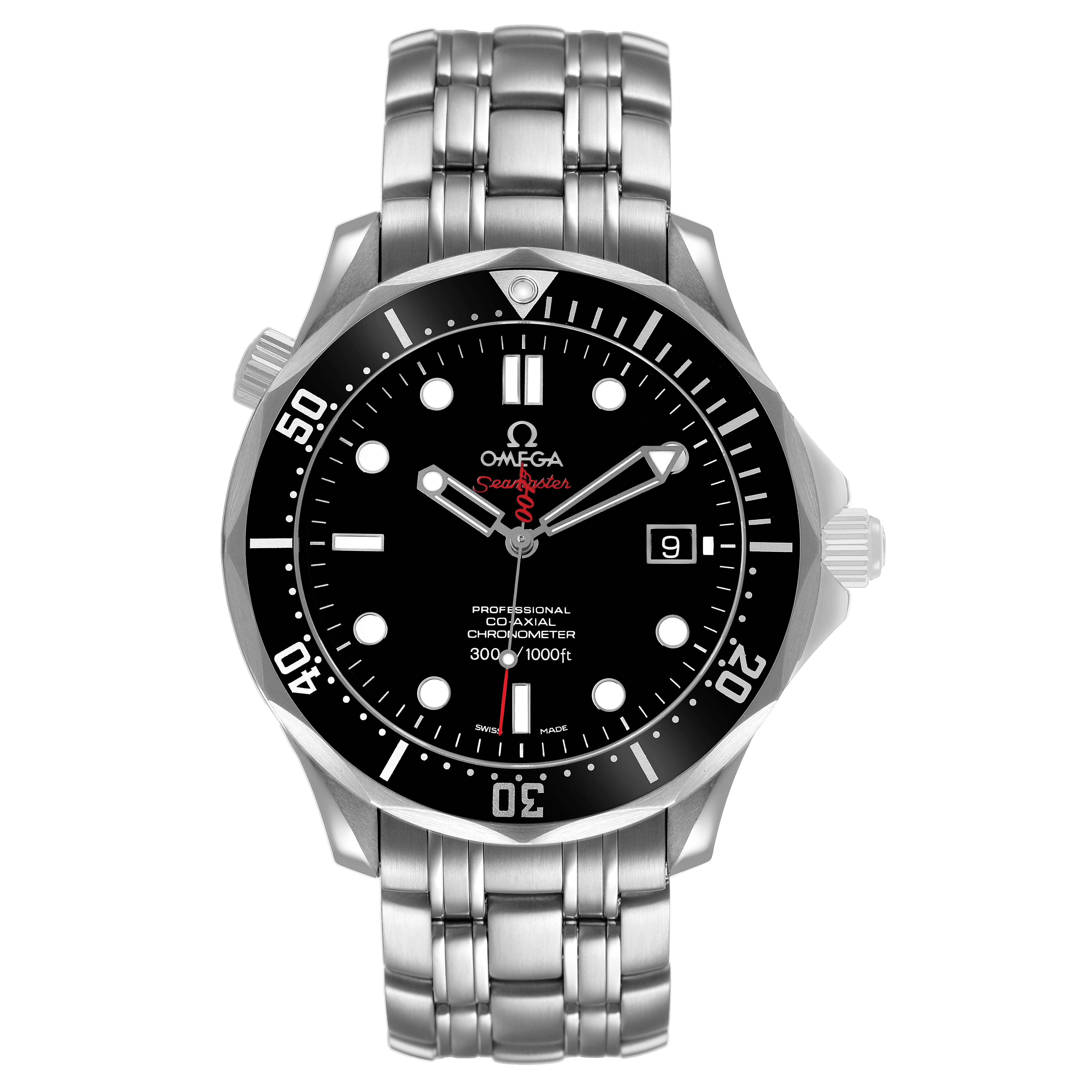 The Omega Seamaster 212.30.41.20.01.001 Men's Stainless Steel Black Dial watch is shown from a front angle, displaying the dial, bezel, case, and bracelet.