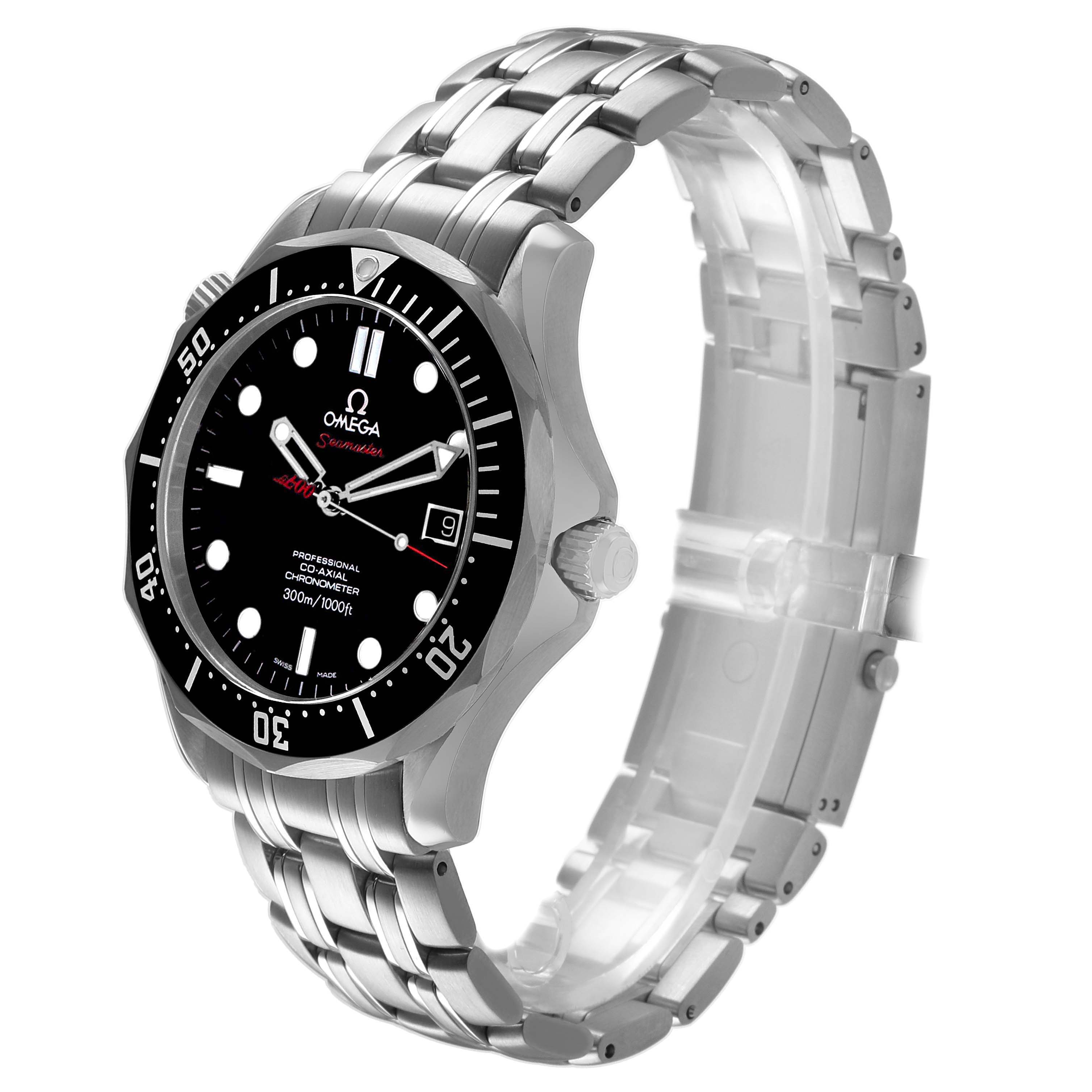 The Omega Seamaster 212.30.41.20.01.001 Men's Stainless Steel Black Dial watch is shown at a three-quarter angle, displaying the face, bezel, crown, and bracelet.