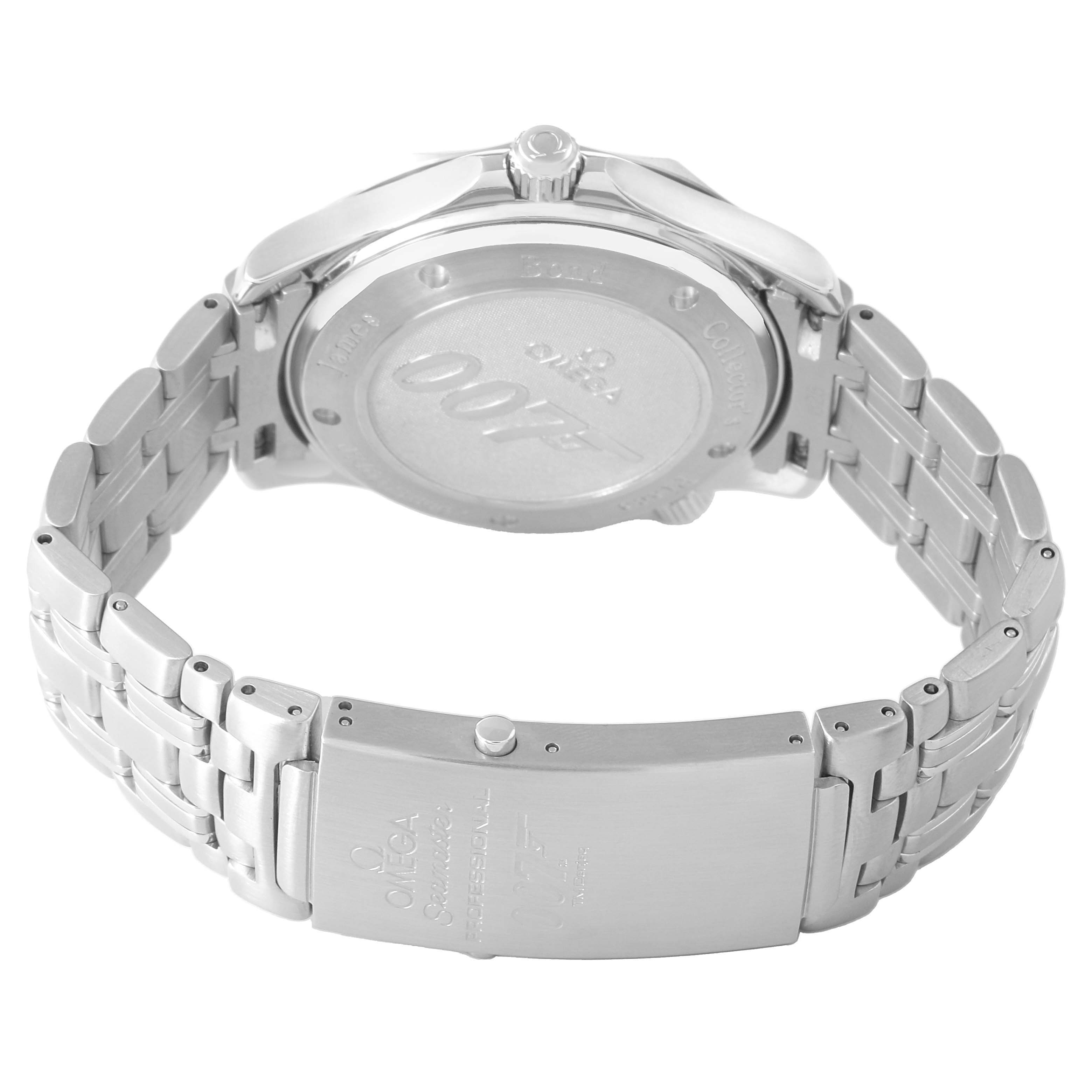 The Omega Seamaster 212.30.41.20.01.001 Men's Stainless Steel Black Dial watch is shown from the back, displaying the case back and metal bracelet with clasp detailing.