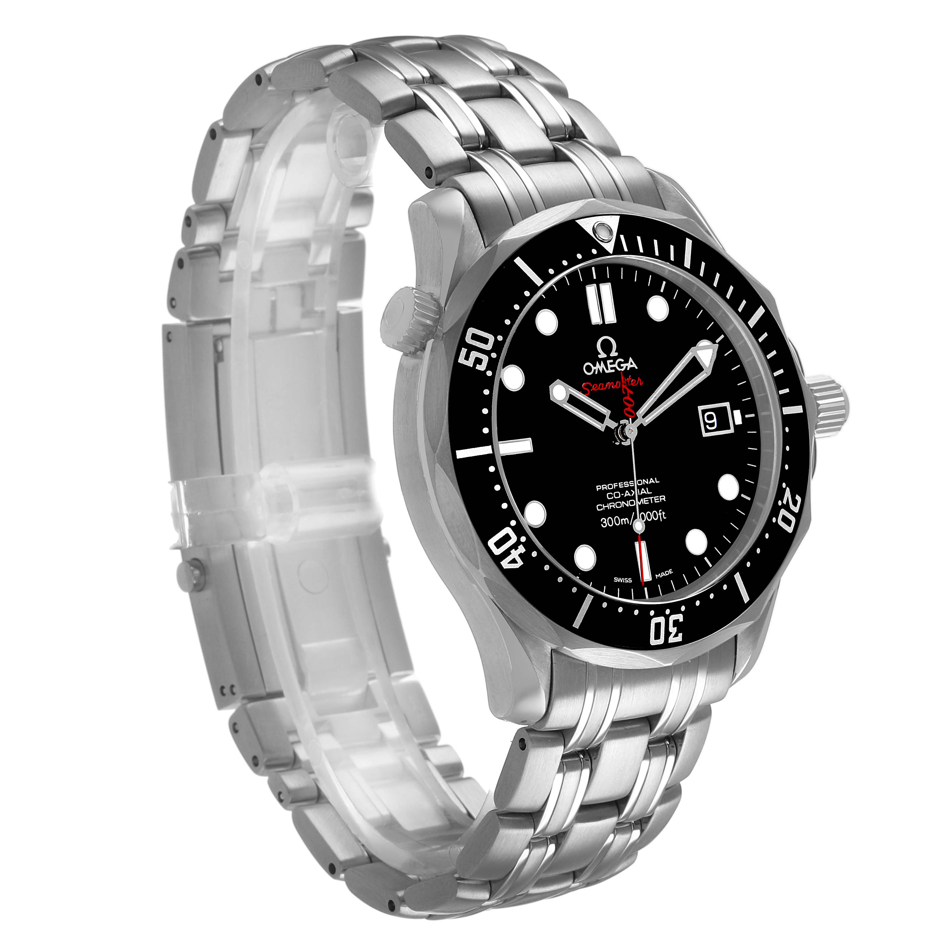 The Omega Seamaster 212.30.41.20.01.001 Men's Stainless Steel Black Dial watch is shown at a three-quarter angle highlighting the dial, bezel, and stainless steel bracelet.