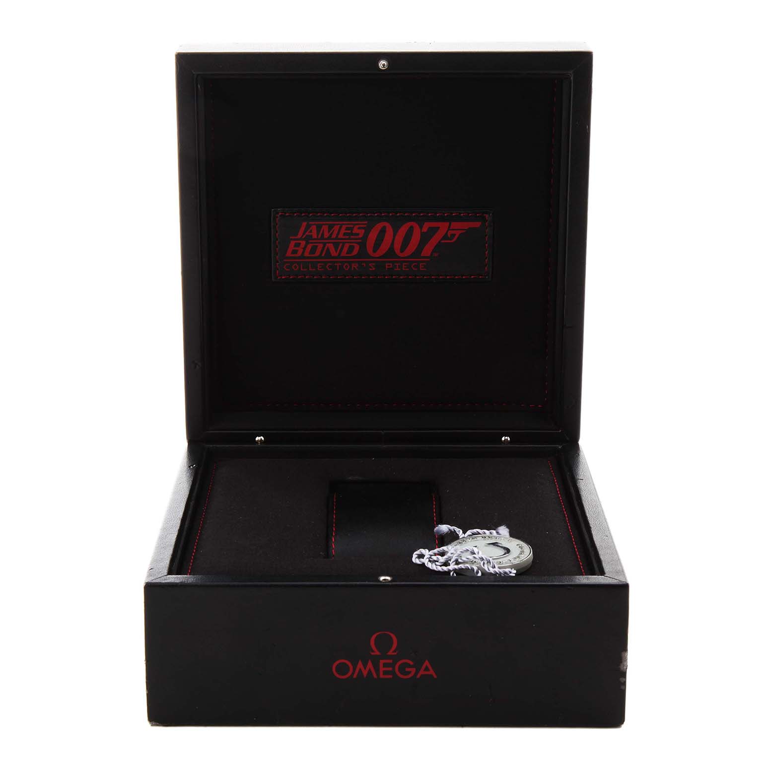 The image shows the open case for the Omega Seamaster 212.30.41.20.01.001 Men's Stainless Steel Black Dial watch, featuring James Bond 007 branding.