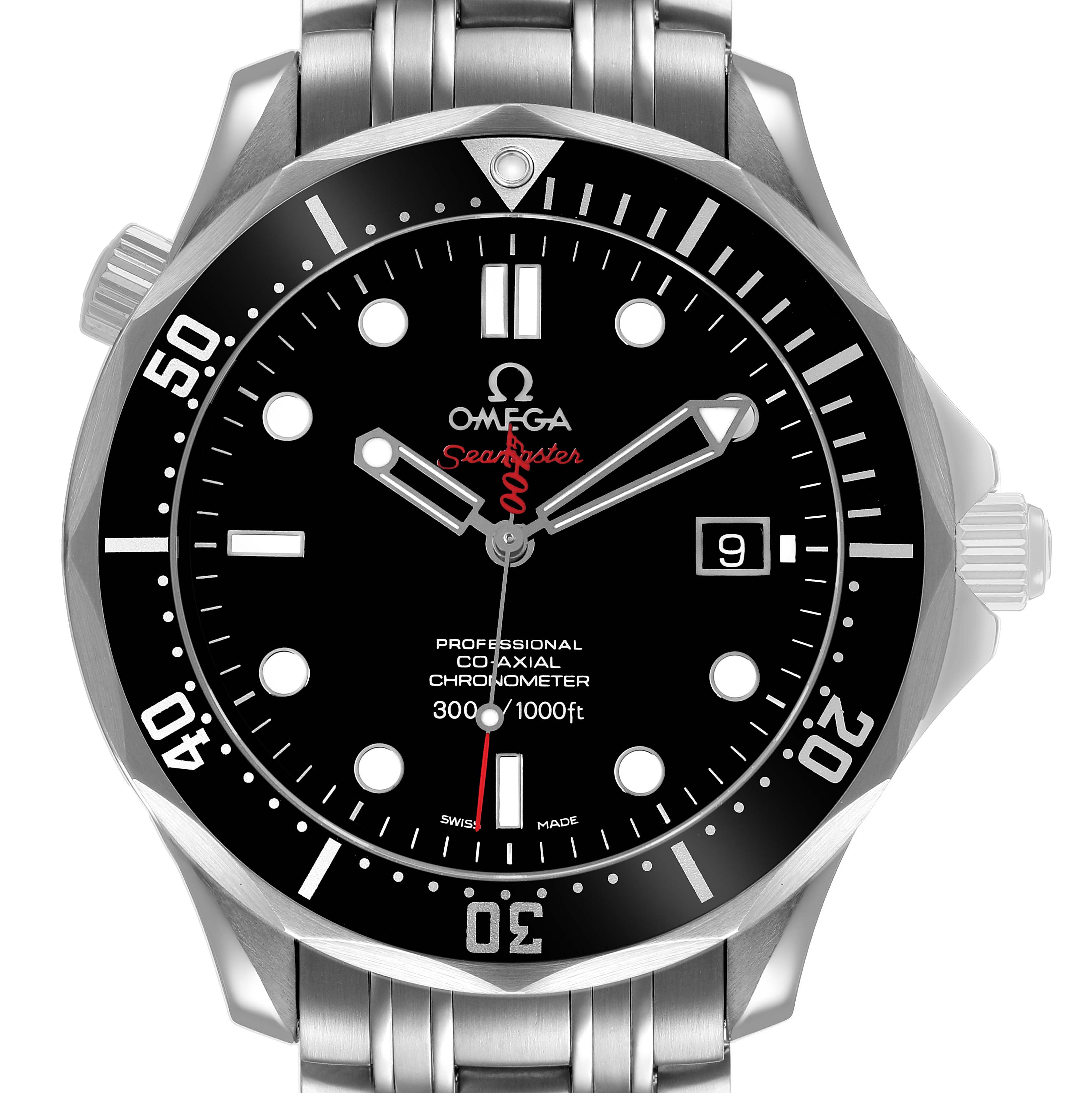 The Omega Seamaster 212.30.41.20.01.001 Men's Stainless Steel Black Dial watch is shown from a front angle, displaying the dial, bezel, and bracelet.