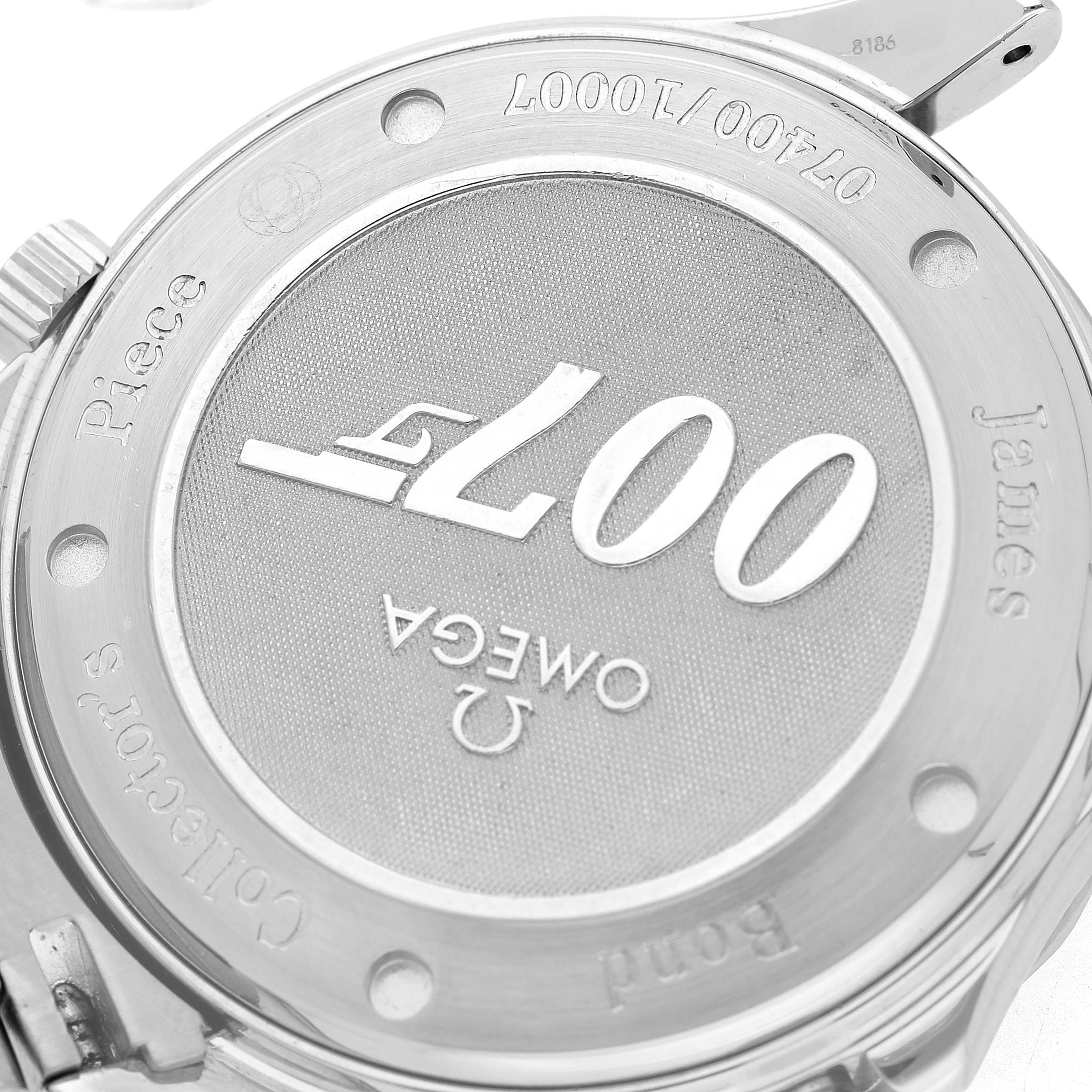 The image shows the back case of the Omega Seamaster 212.30.41.20.01.001 Men's Stainless Steel Black Dial, featuring "007" branding and engravings.