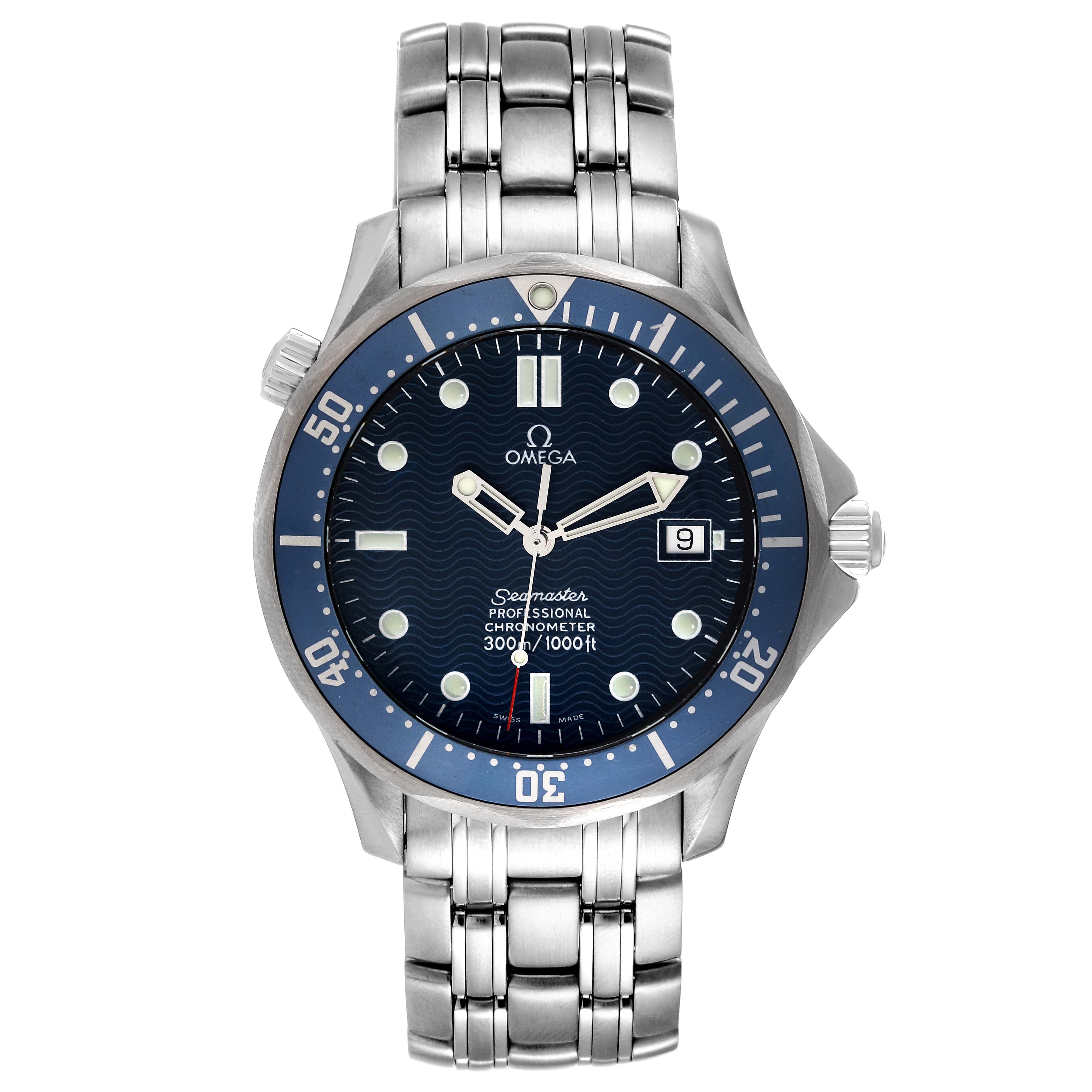 The Omega Seamaster 2531.80.00 Men's Stainless Steel Blue Dial 2531.80.00 Men's Stainless Steel Blue Dial watch is shown from a front view, featuring its dial, bezel, bracelet, and date window.