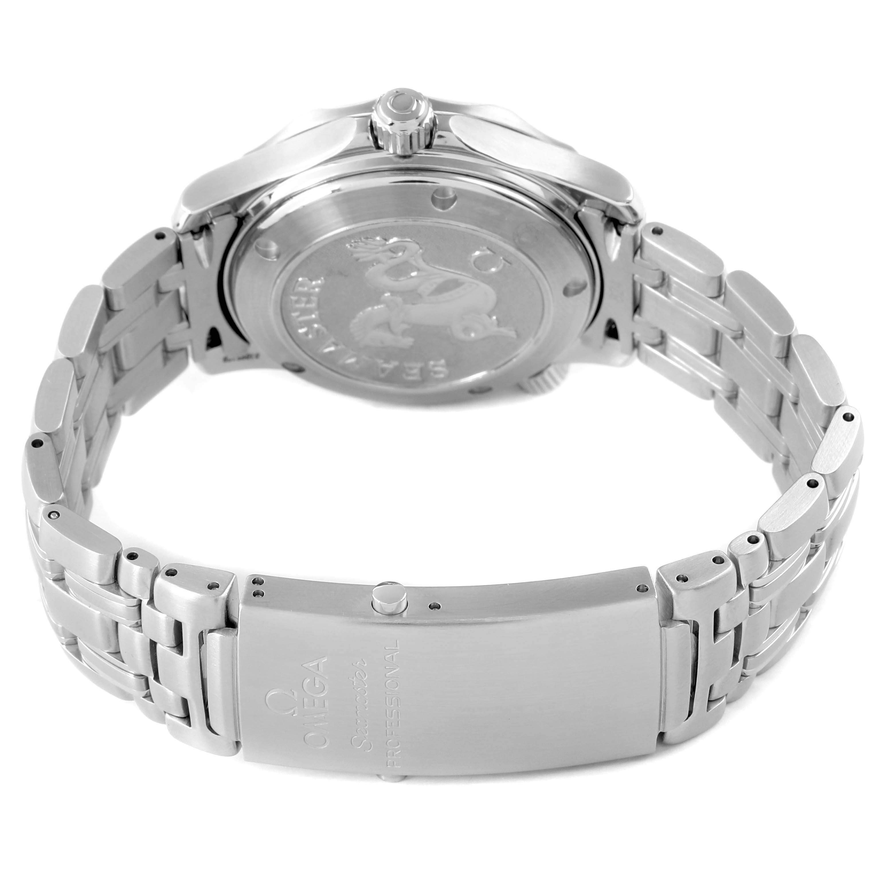 The Omega Seamaster 212.30.36.20.01.001 Men's Stainless Steel Black Dial watch is shown from the back, highlighting the case back and metal bracelet with the clasp visible.