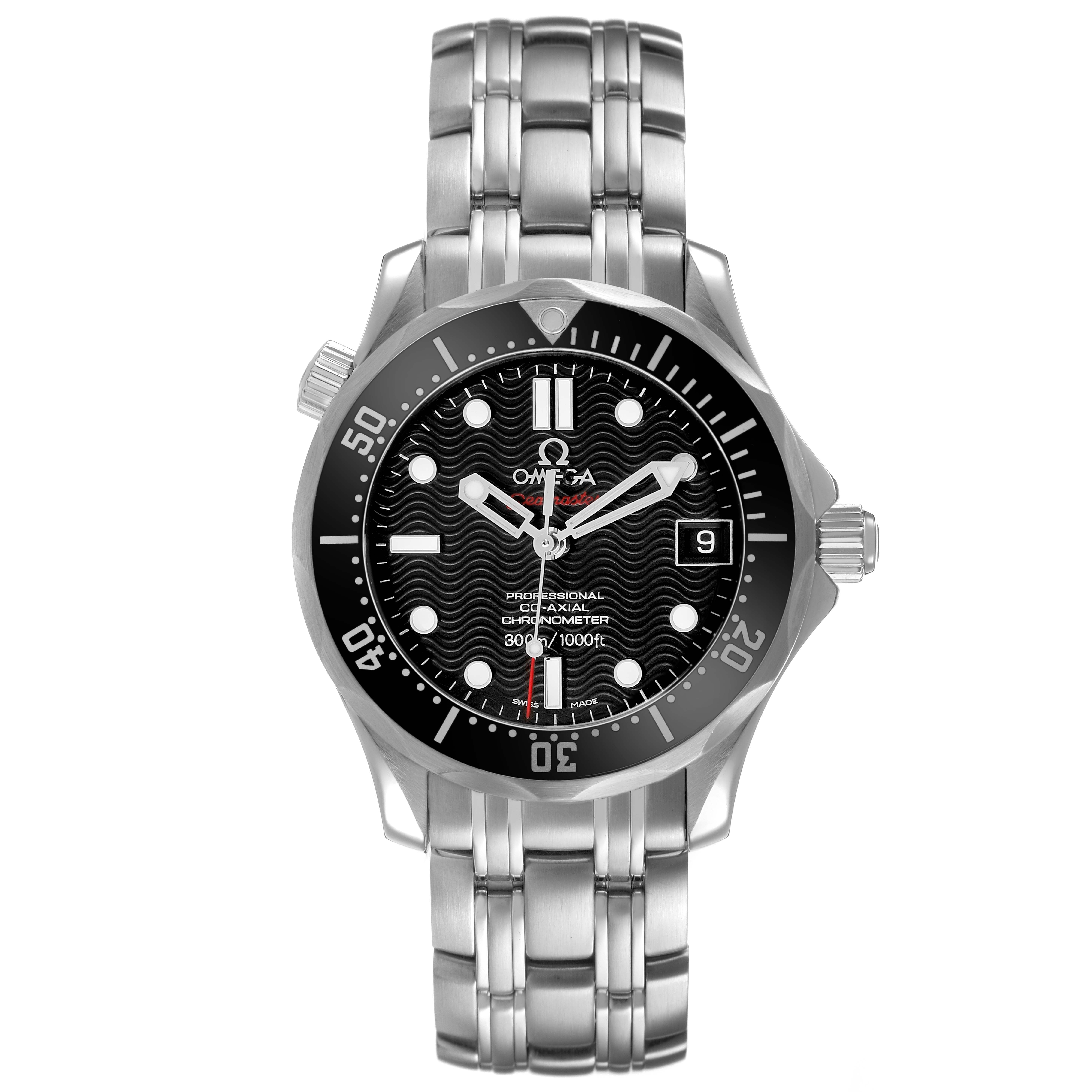 The Omega Seamaster 212.30.36.20.01.001 Men's Stainless Steel Black Dial watch is shown from the front, highlighting its dial, bezel, and stainless steel bracelet.