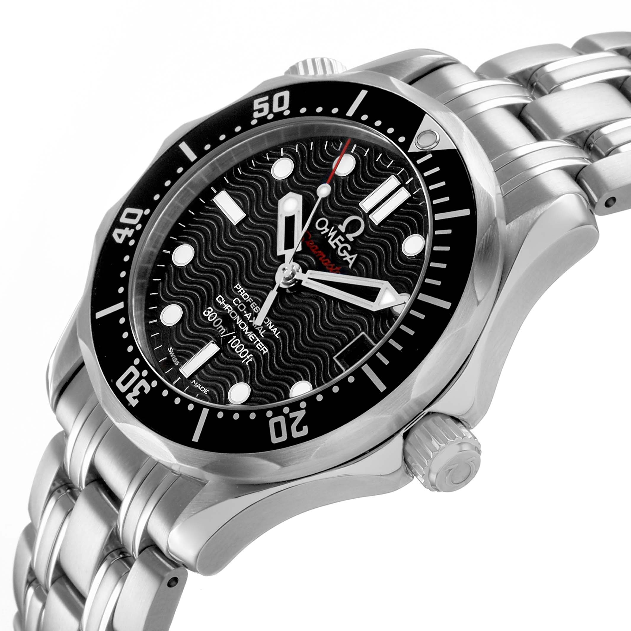The Omega Seamaster 212.30.36.20.01.001 Men's Stainless Steel Black Dial watch is shown at a three-quarter angle, displaying the dial, bezel, and stainless steel bracelet.