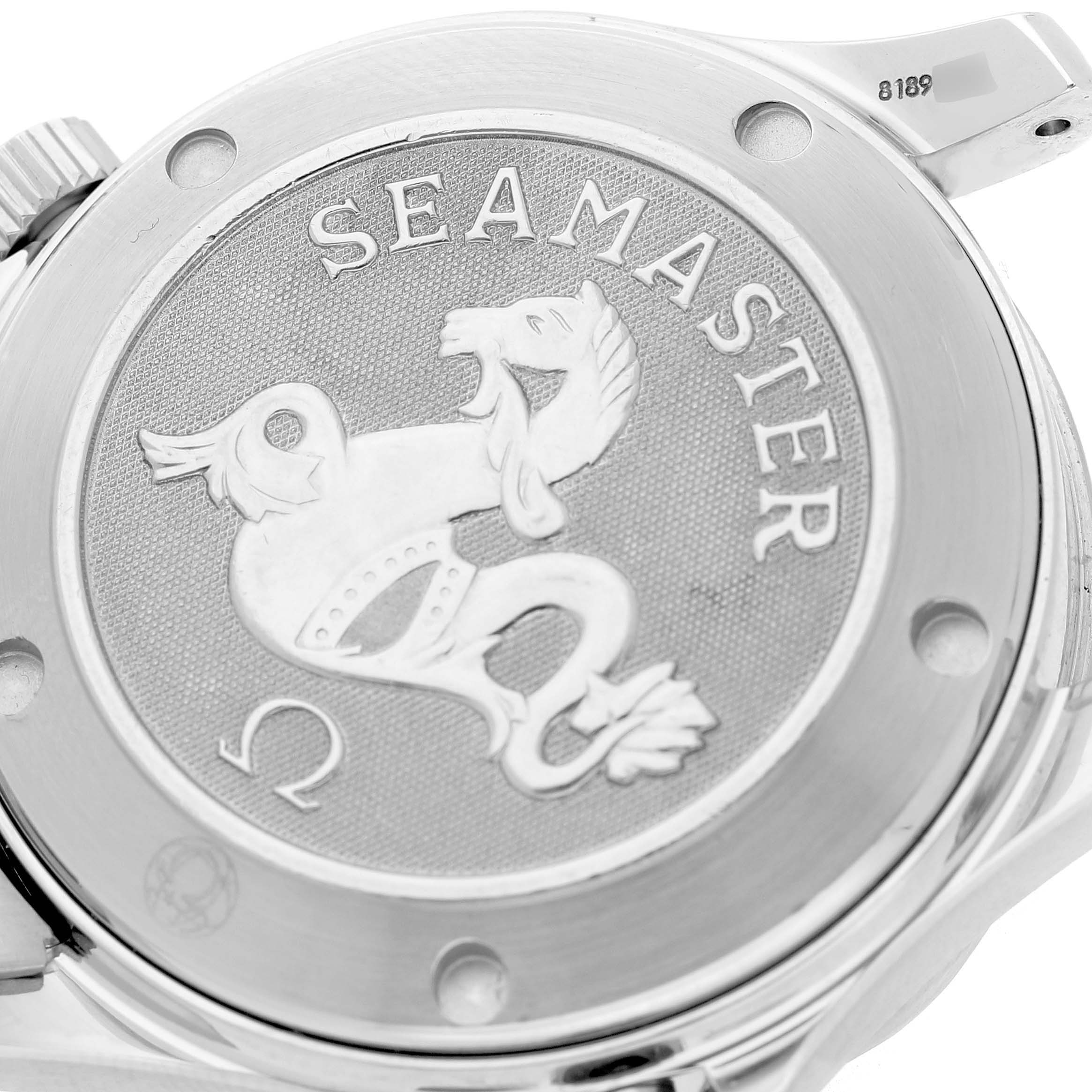 The image shows the case back of the Omega Seamaster 212.30.36.20.01.001 Men's Stainless Steel Black Dial, highlighting the embossed logo and text.