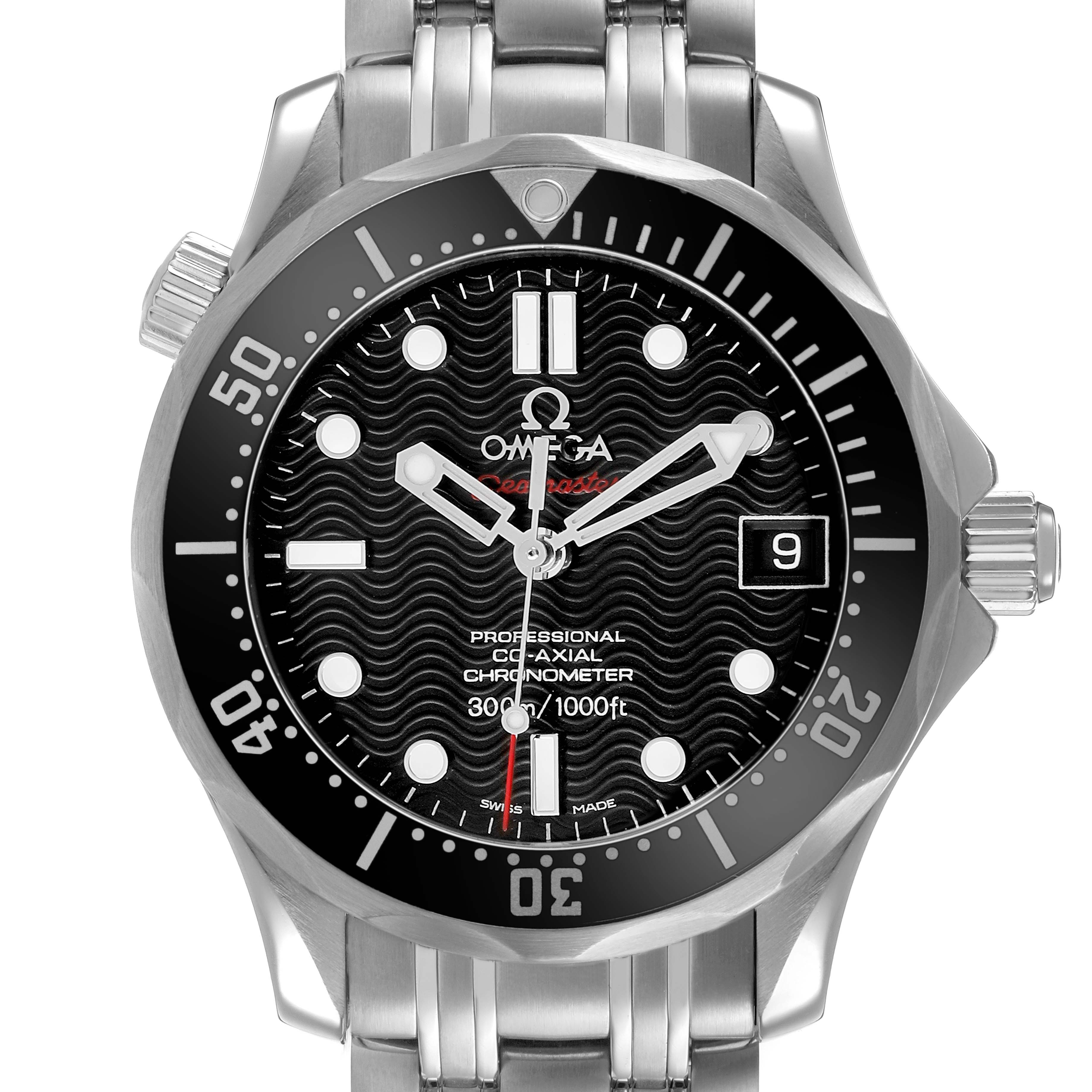 The Omega Seamaster 212.30.36.20.01.001 Men's Stainless Steel Black Dial watch is shown from a front angle, displaying its face, bezel, crown, and part of the bracelet.