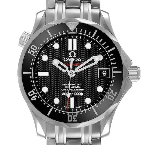 The Omega Seamaster 212.30.36.20.01.001 Men's Stainless Steel Black Dial watch is shown from the front, displaying its face, bezel, and bracelet.