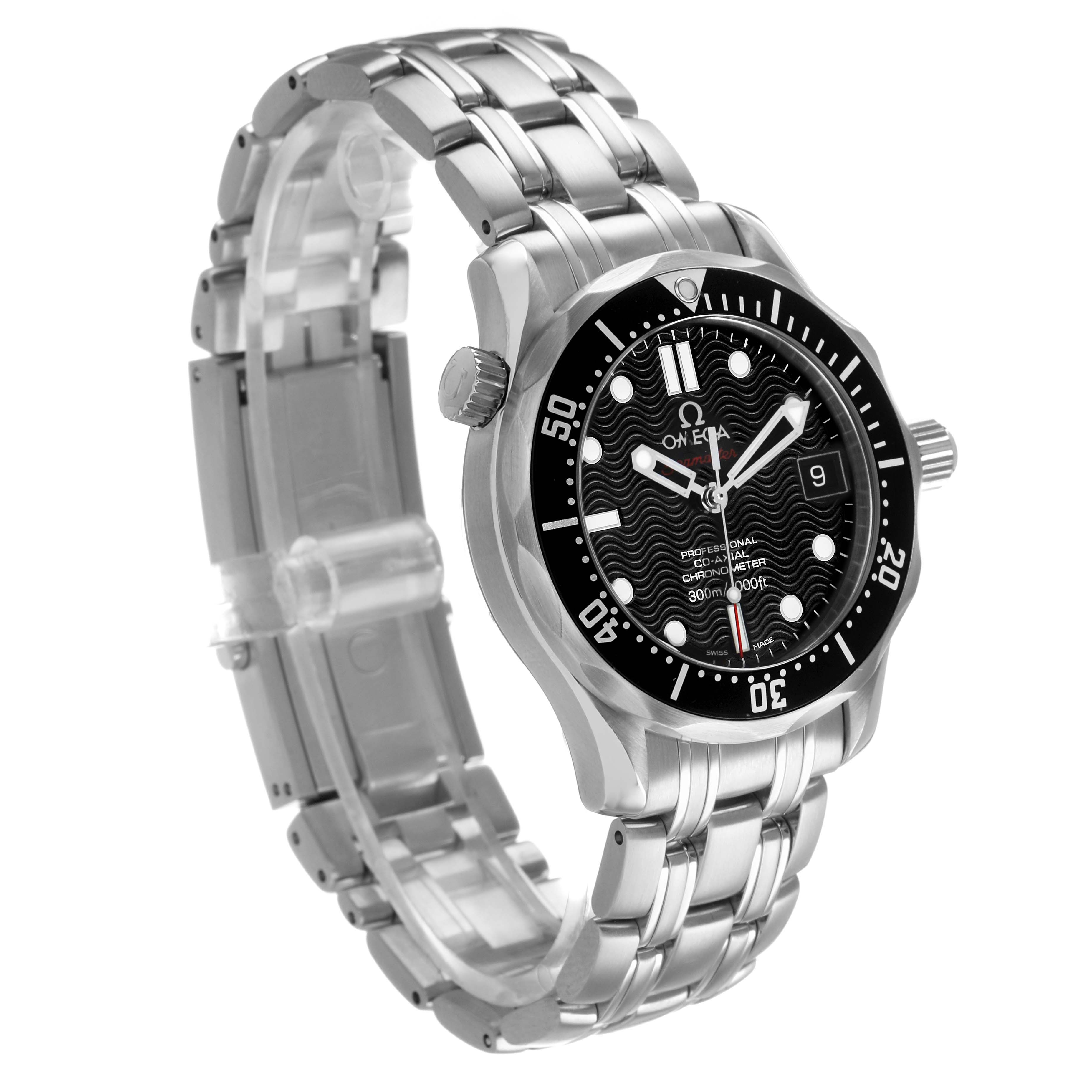 The Omega Seamaster 212.30.36.20.01.001 Men's Stainless Steel Black Dial watch is shown at a three-quarter angle, displaying the black dial, bezel, and metal bracelet.