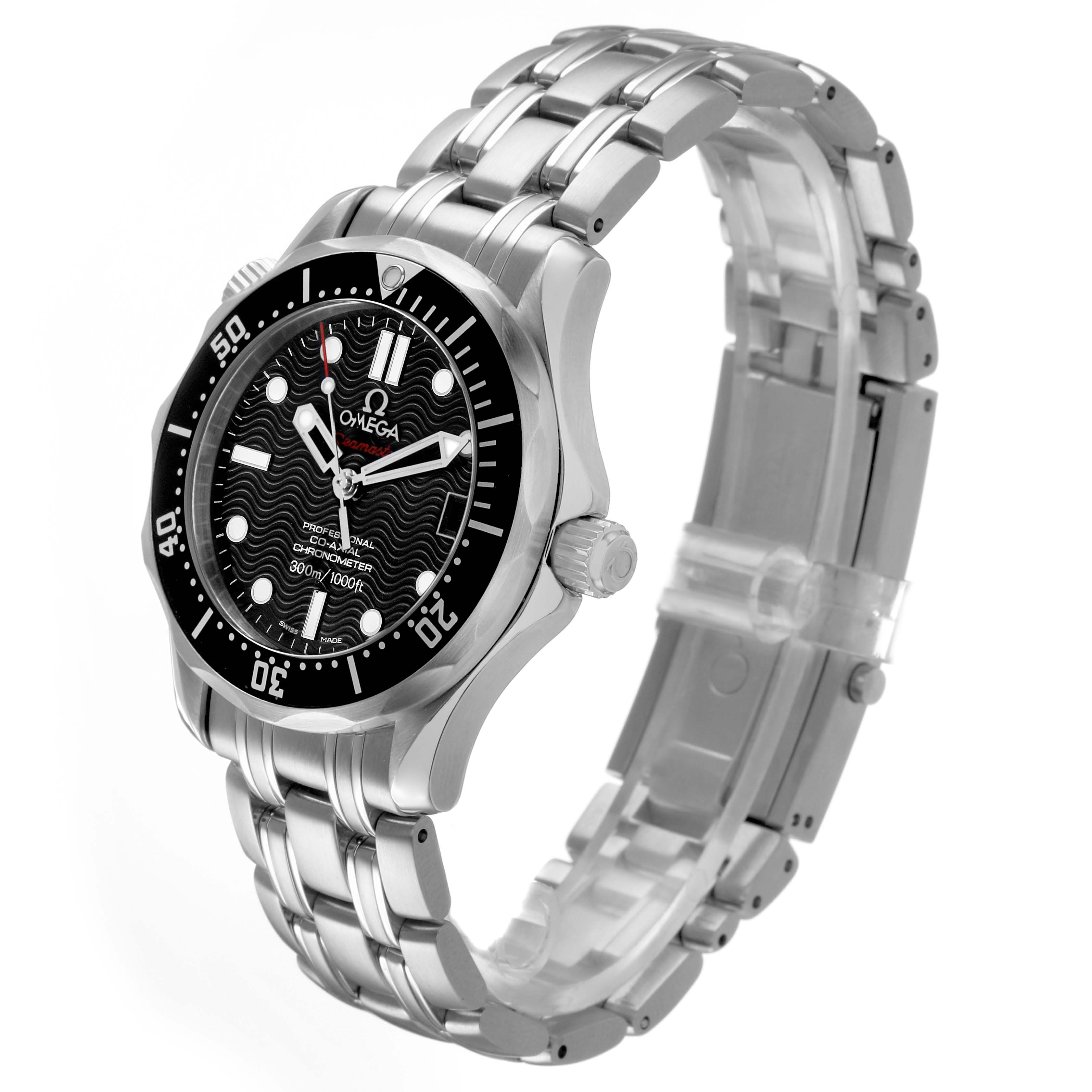 The Omega Seamaster 212.30.36.20.01.001 Men's Stainless Steel Black Dial watch is shown at a three-quarter angle, highlighting the face, bezel, crown, and bracelet.