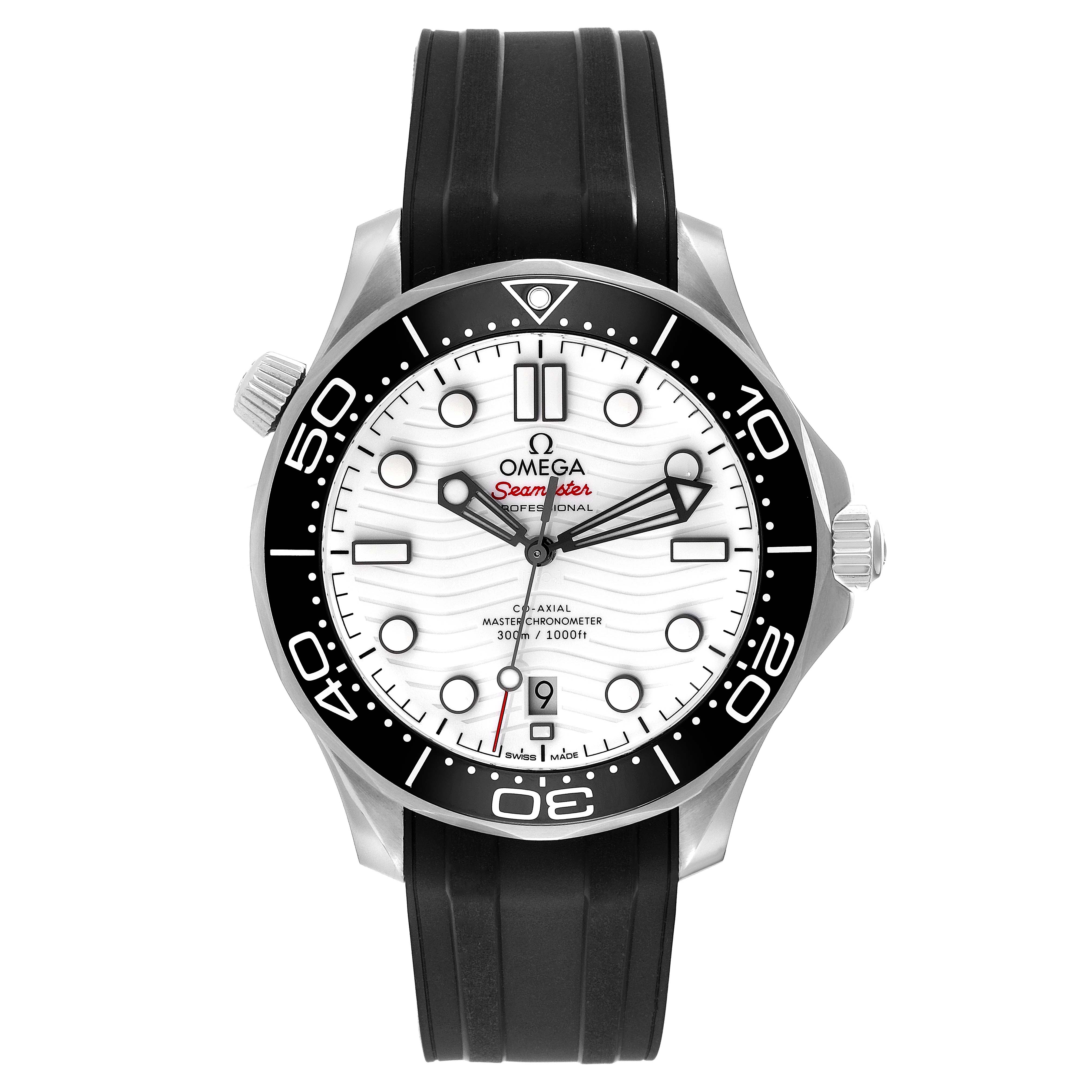 The image shows the front view of an Omega Seamaster 210.30.42.20.04.001 Men
s Stainless Steel White Dial 210.30.42.20.04.001 Men
s Stainless Steel White Dial watch with a black rubber strap and a white wave-pattern dial.