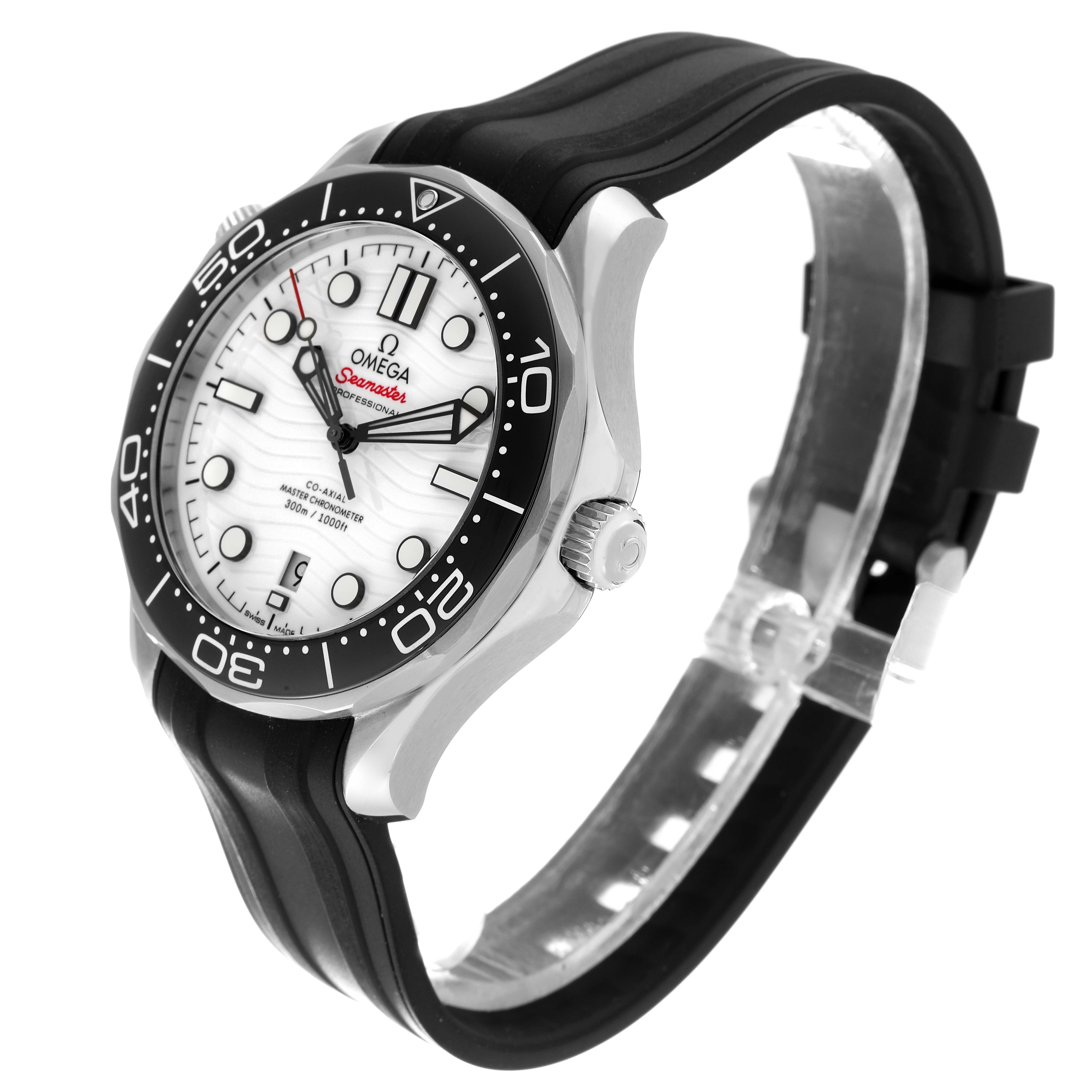 This image shows an Omega Seamaster 210.30.42.20.04.001 Men
s Stainless Steel White Dial 210.30.42.20.04.001 Men
s Stainless Steel White Dial watch at a 3/4 angle, highlighting the front face, bezel, and part of the strap.