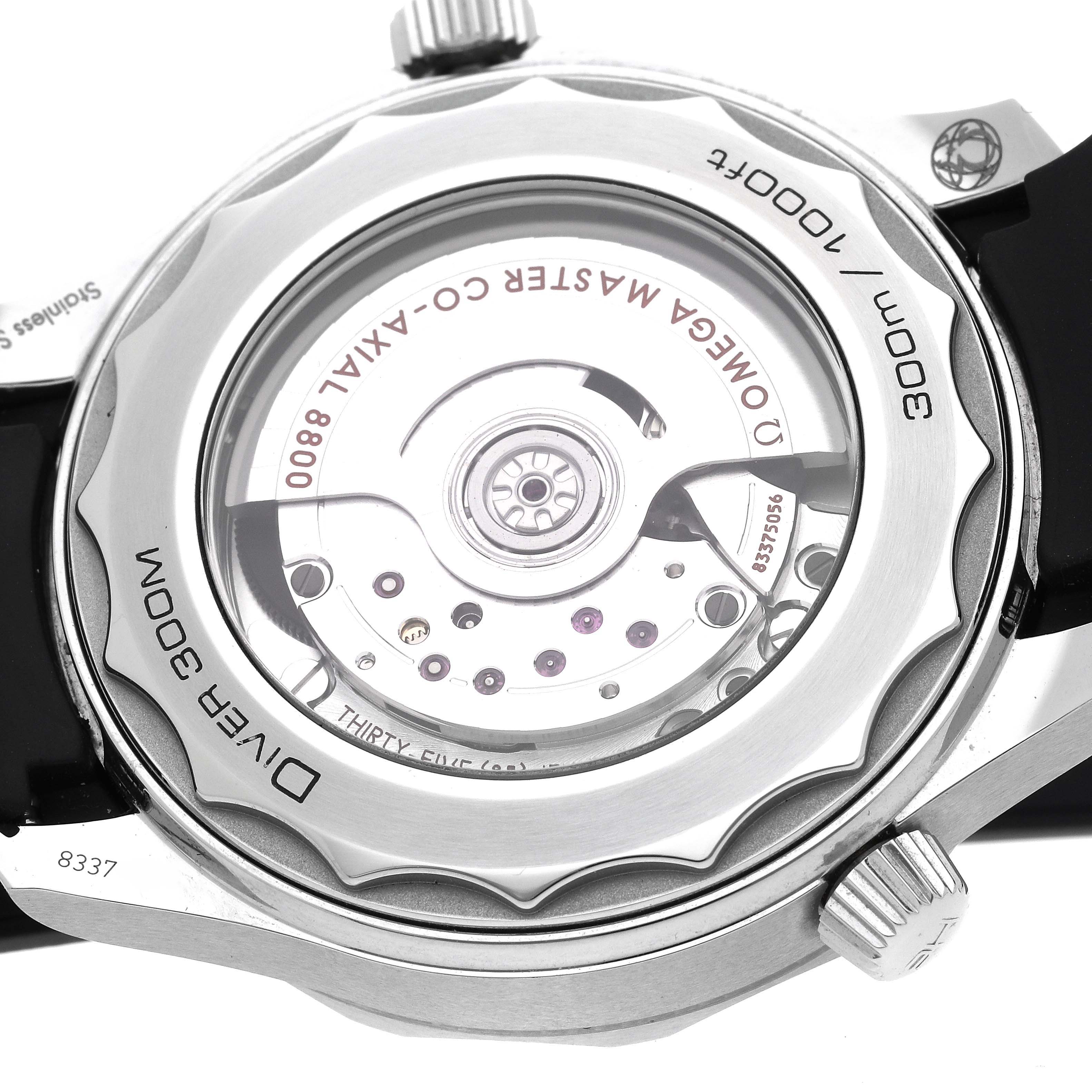 The image shows the case back of the Omega Seamaster 210.30.42.20.04.001 Men
s Stainless Steel White Dial 210.30.42.20.04.001 Men
s Stainless Steel White Dial watch, revealing its Co-Axial 8800 movement and water resistance marking.