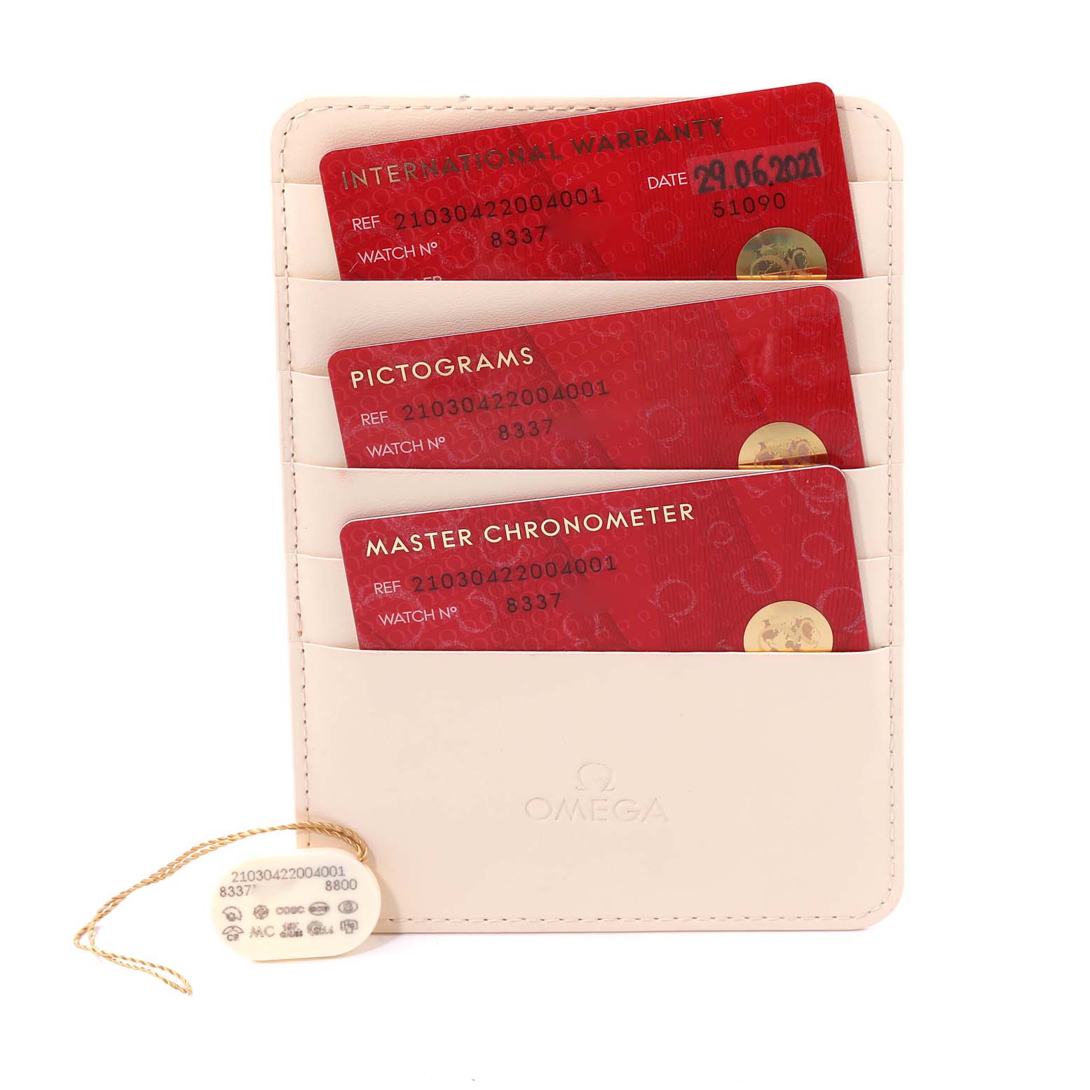 The image shows the warranty cards, pictogram card, and Master Chronometer card for an Omega Seamaster 210.30.42.20.04.001 Men
s Stainless Steel White Dial 210.30.42.20.04.001 Men
s Stainless Steel White Dial, along with a white pouch.