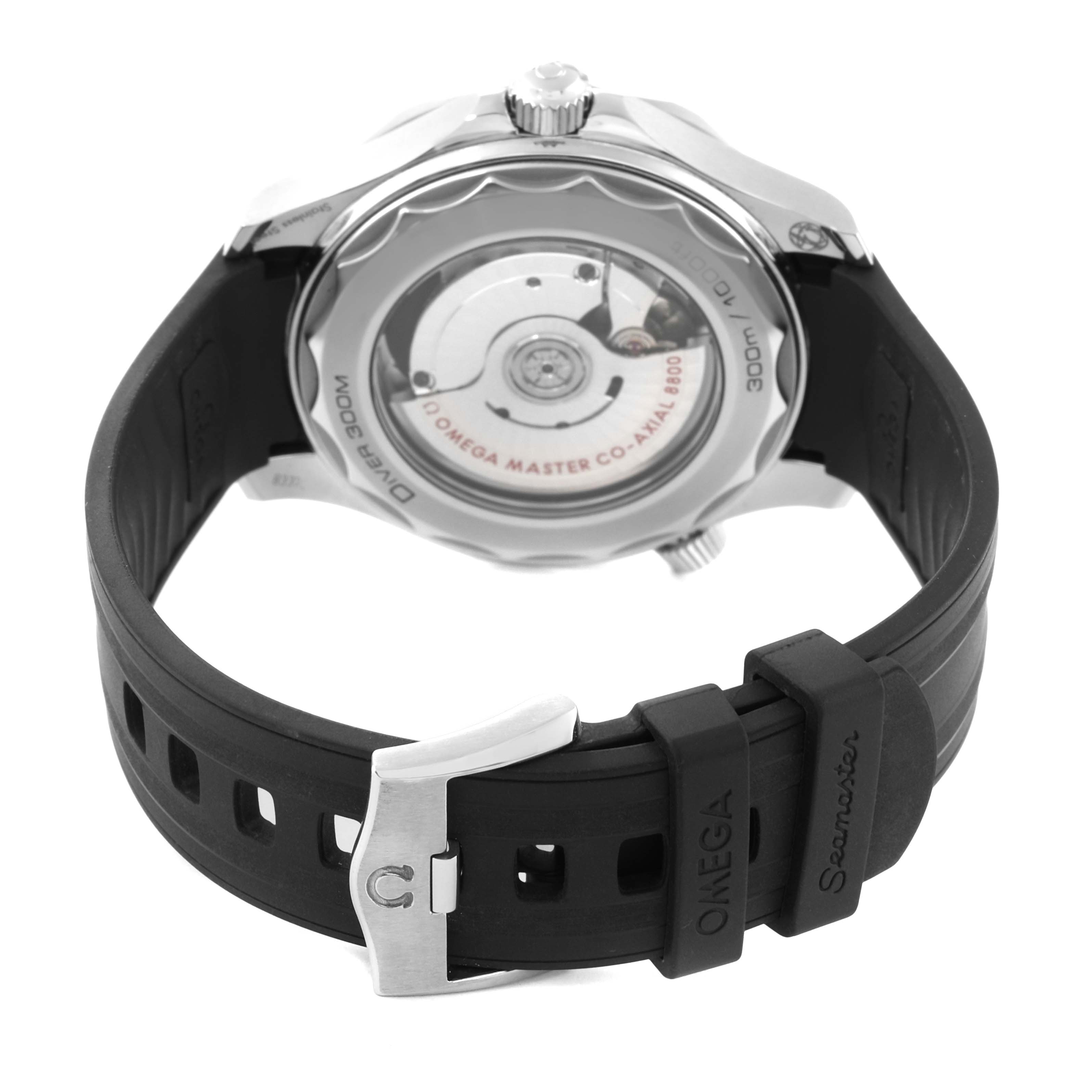 The image shows the back of an Omega Seamaster 210.30.42.20.04.001 Men
s Stainless Steel White Dial 210.30.42.20.04.001 Men
s Stainless Steel White Dial watch, highlighting the exhibition case back and black rubber strap with a buckle.