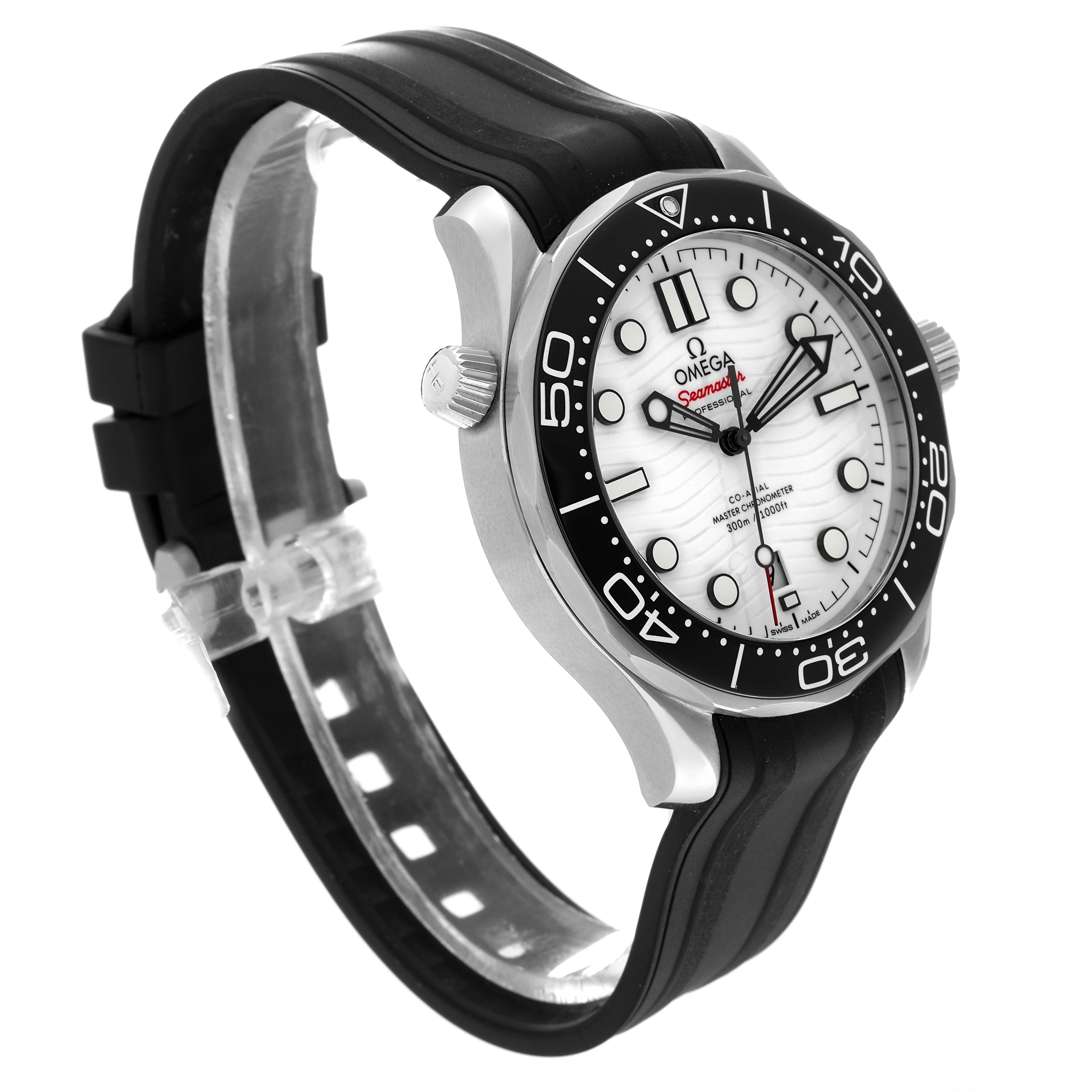 The image shows an angled view of the Omega Seamaster 210.30.42.20.04.001 Men
s Stainless Steel White Dial 210.30.42.20.04.001 Men
s Stainless Steel White Dial watch, highlighting the face, bezel, case, and strap.