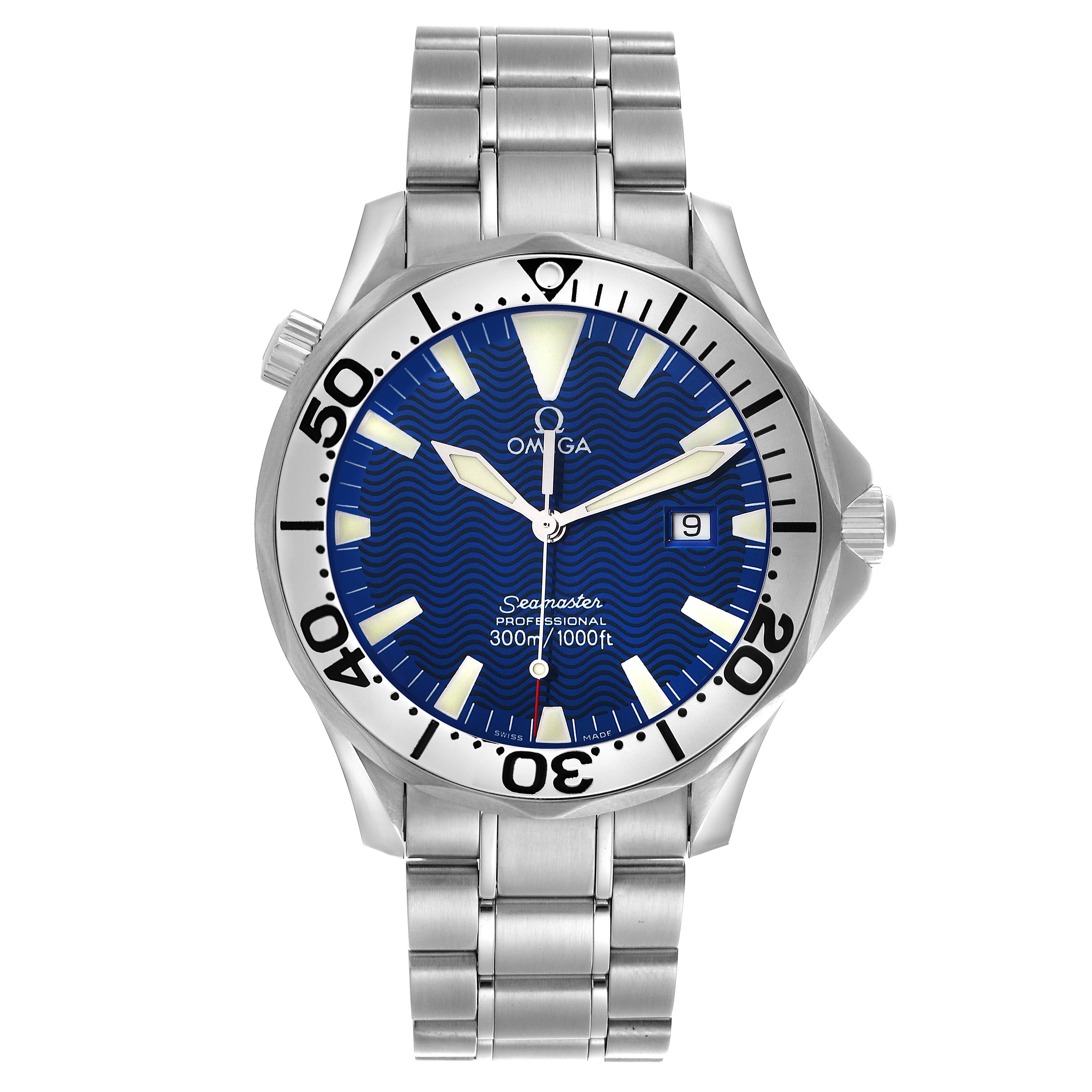 The Omega Seamaster 2265.80.00 Men
s Stainless Steel Blue Dial 2265.80.00 Men
s Stainless Steel Blue Dial watch is shown from the front, displaying its blue dial, bezel, bracelet, and date window.