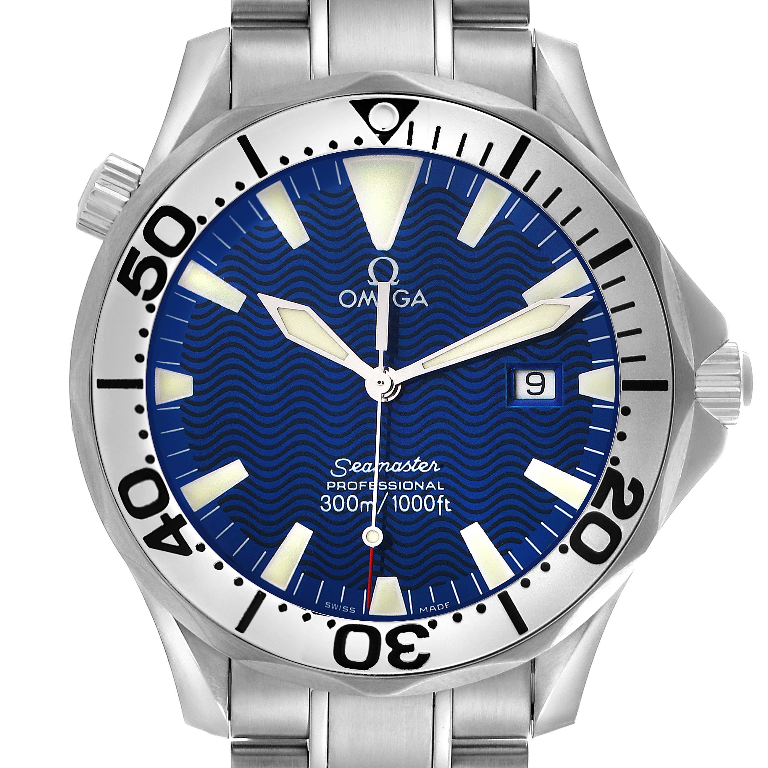 The Omega Seamaster 2265.80.00 Men
s Stainless Steel Blue Dial 2265.80.00 Men
s Stainless Steel Blue Dial watch is shown from a front angle, highlighting the dial, bezel, crown, and part of the bracelet.