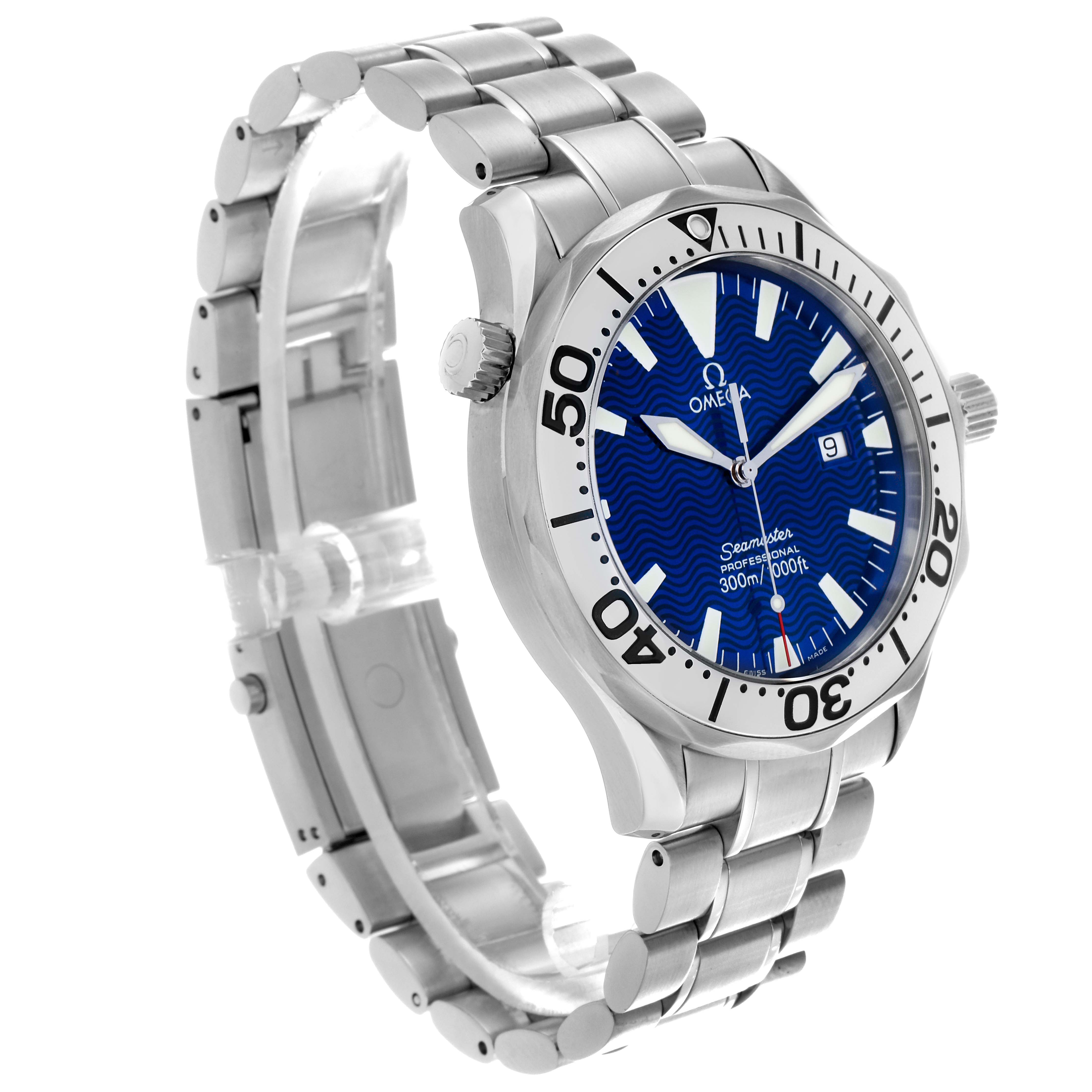 The Omega Seamaster 2265.80.00 Men
s Stainless Steel Blue Dial 2265.80.00 Men
s Stainless Steel Blue Dial watch is shown at a three-quarter angle, highlighting its face, bezel, bracelet, and crown.