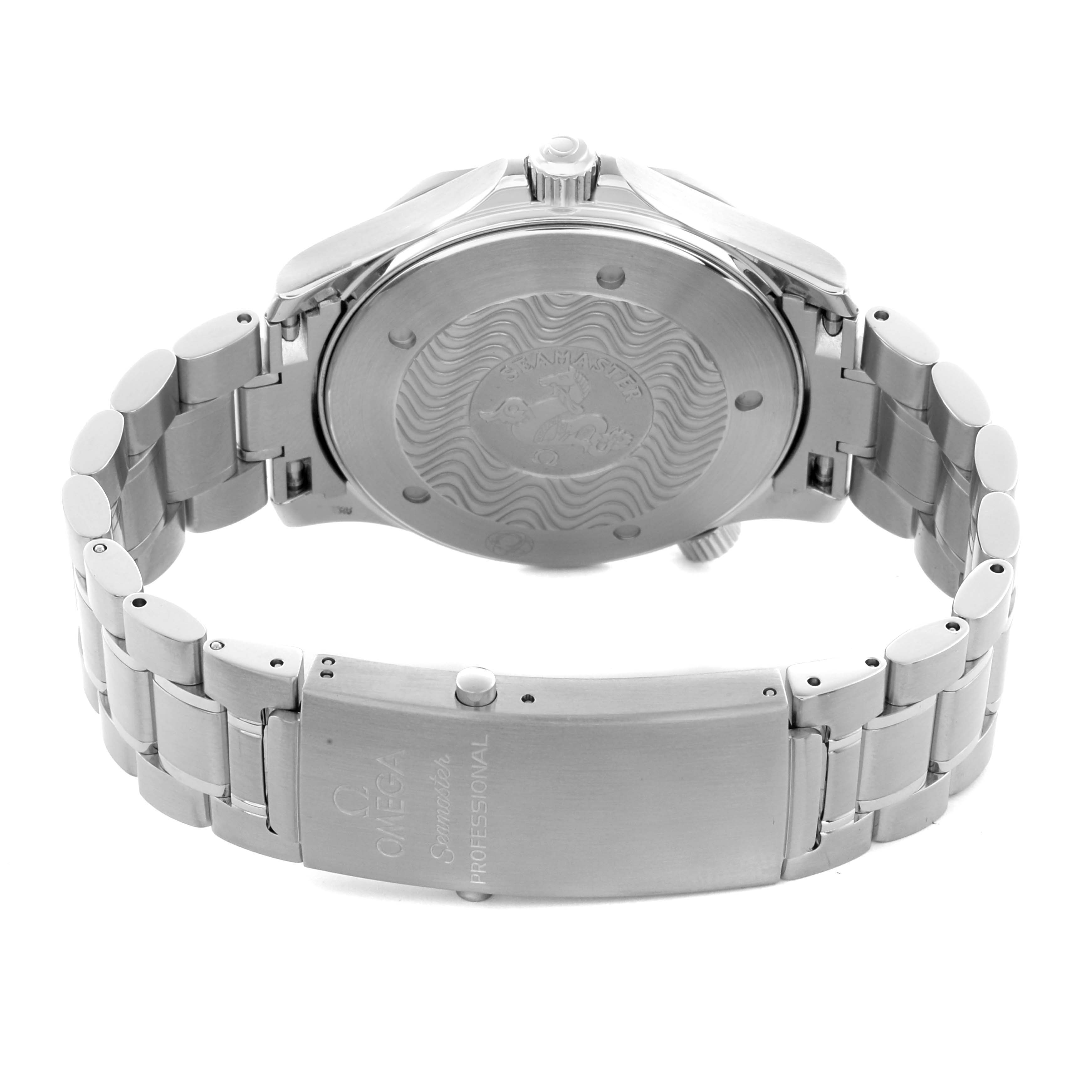 The image shows the back and clasp of the Omega Seamaster 2265.80.00 Men
s Stainless Steel Blue Dial 2265.80.00 Men
s Stainless Steel Blue Dial watch, highlighting the engraved case back and metal bracelet.