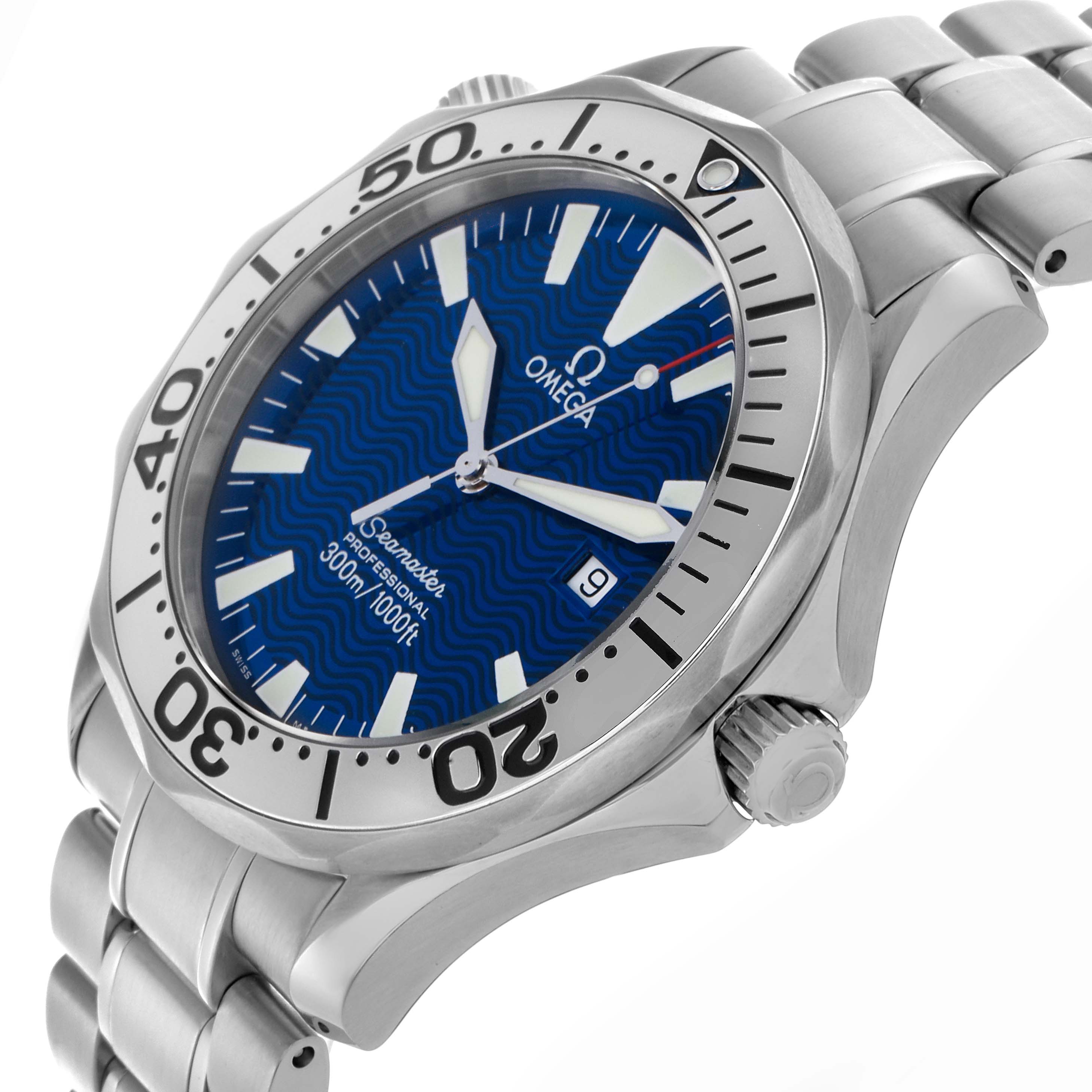 The Omega Seamaster 2265.80.00 Men
s Stainless Steel Blue Dial 2265.80.00 Men
s Stainless Steel Blue Dial watch is shown at a three-quarter angle, highlighting the face, bezel, crown, and metal bracelet.