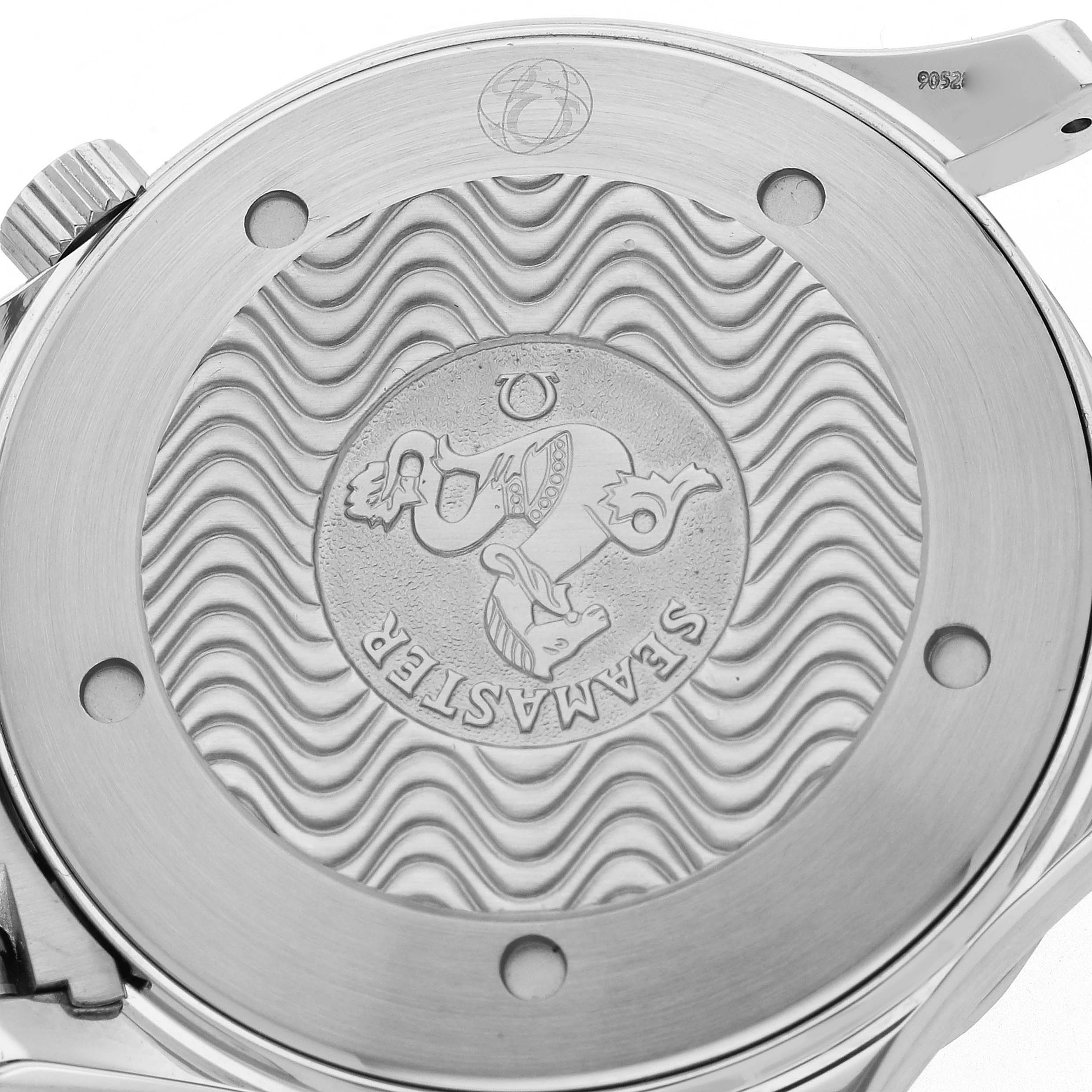 The image shows the back case of an Omega Seamaster 2265.80.00 Men
s Stainless Steel Blue Dial 2265.80.00 Men
s Stainless Steel Blue Dial, featuring a wave pattern and the Seamaster logo.