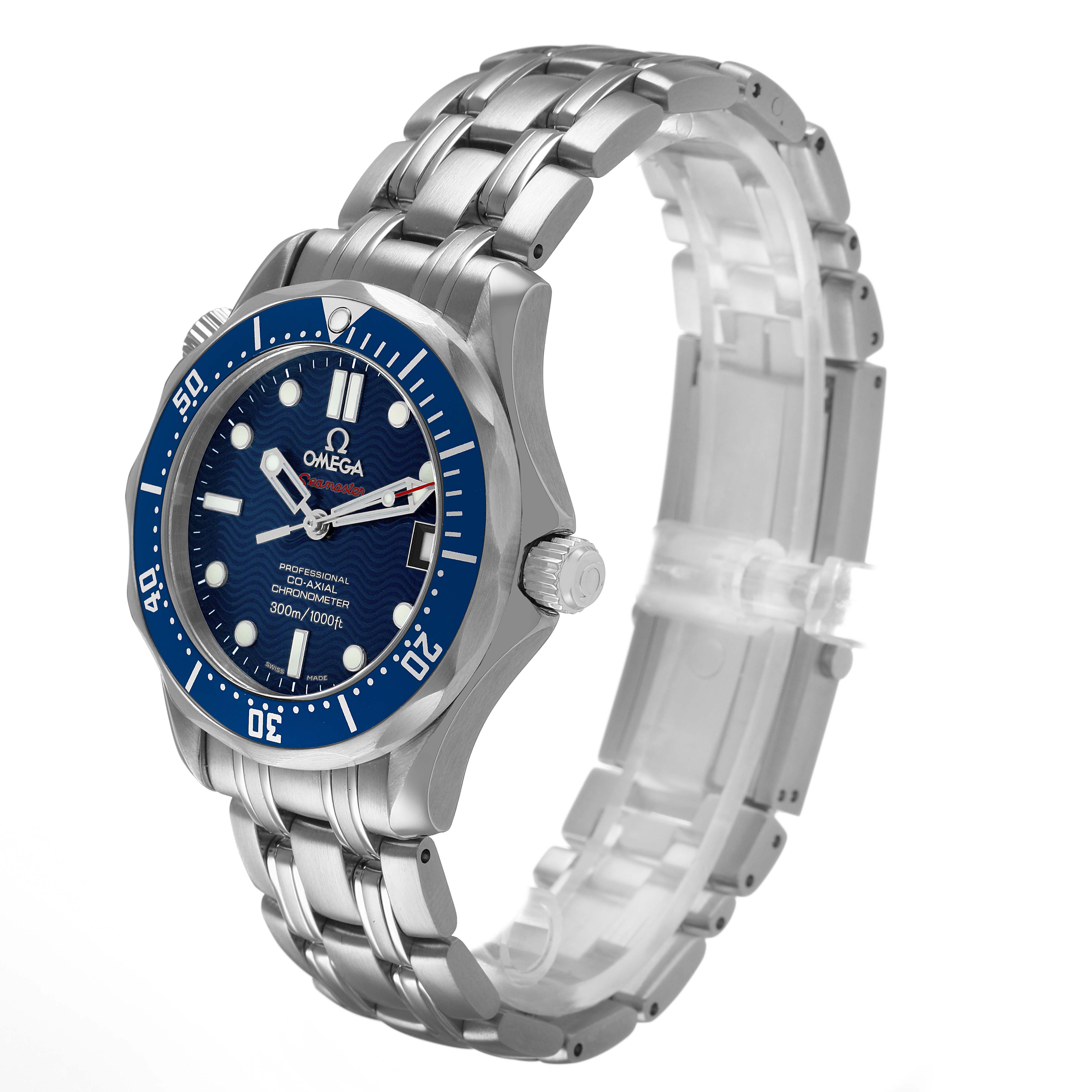 The Omega Seamaster 2222.80.00 Men's Stainless Steel Blue Dial watch is shown at a three-quarter angle, highlighting the dial, bezel, crown, and bracelet.
