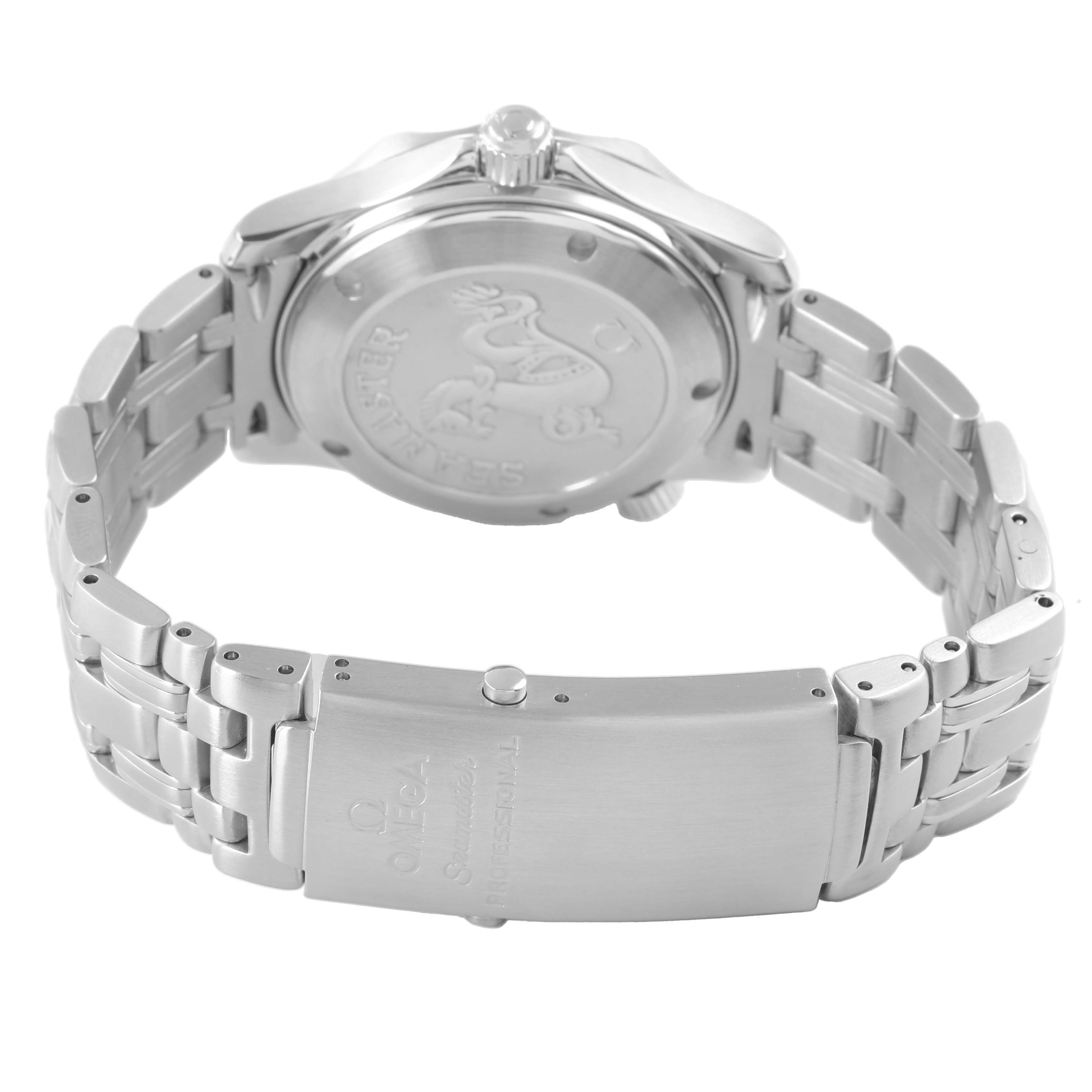 The image shows the back view of an Omega Seamaster 2222.80.00 Men's Stainless Steel Blue Dial watch, highlighting the case back, bracelet, and clasp.