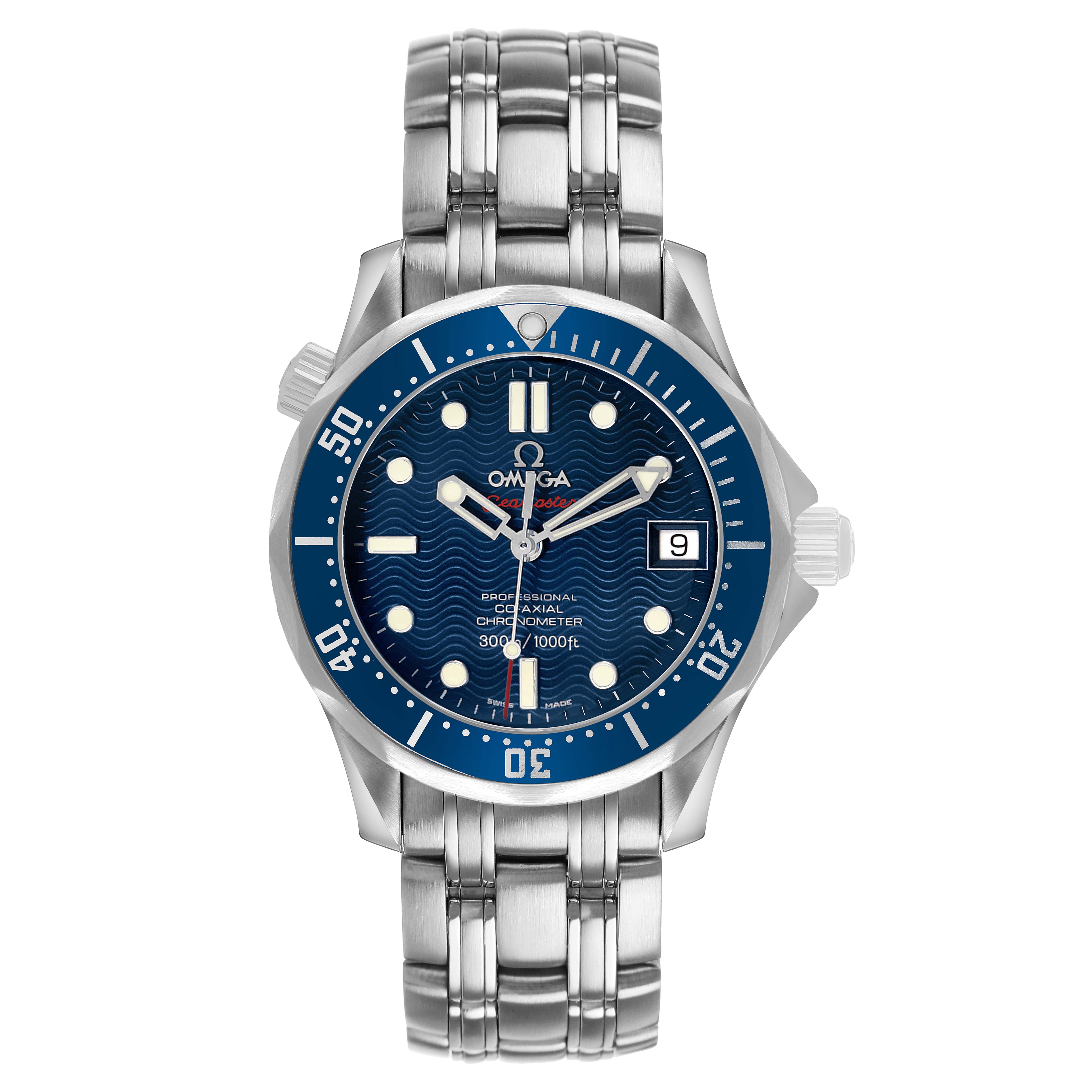 The Omega Seamaster 2222.80.00 Men's Stainless Steel Blue Dial watch is shown from the front, displaying its dial, bezel, and bracelet clearly.